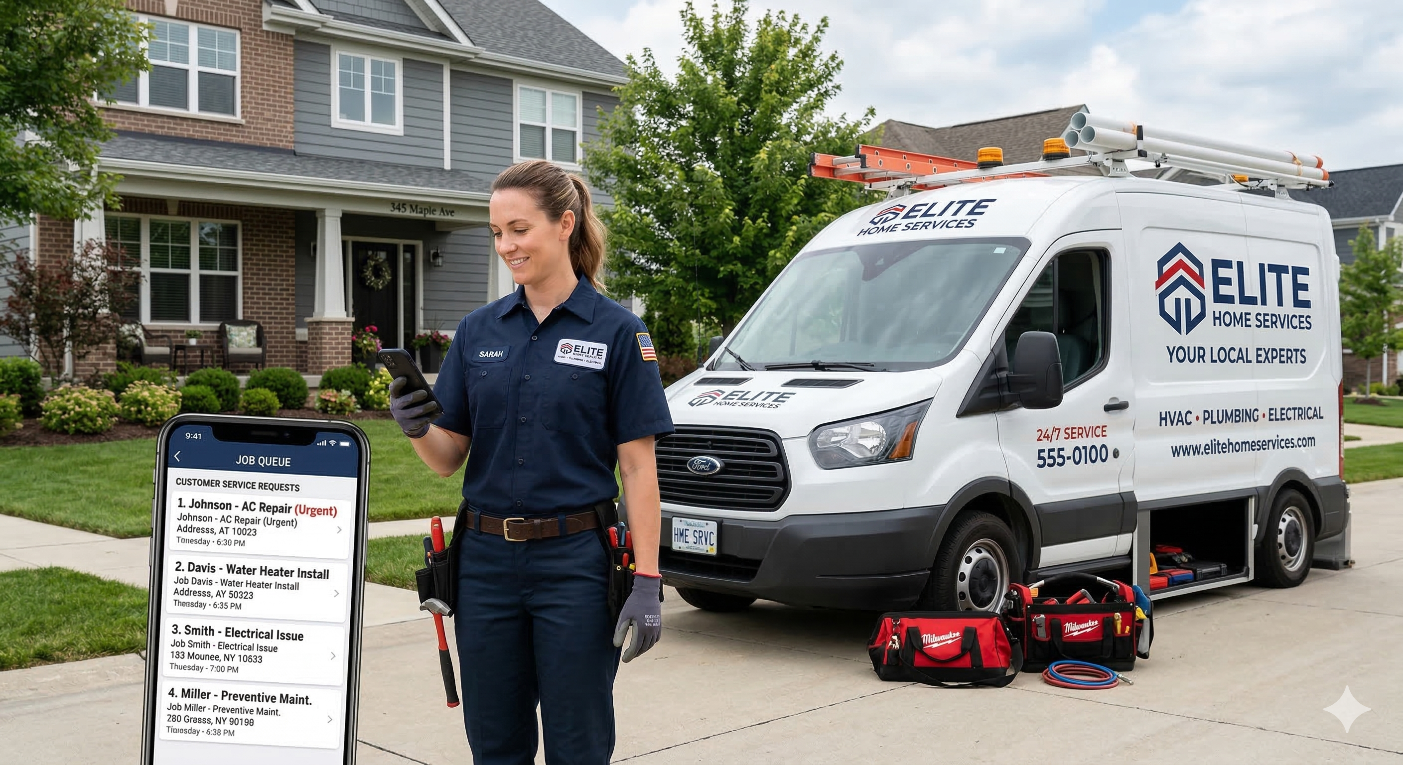 Home service technician checking incoming customer calls and service requests beside a work van outside a residential property