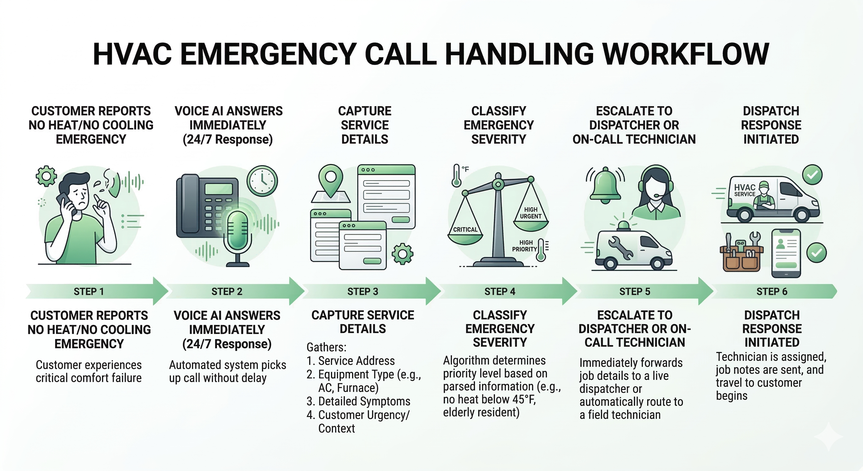Voice AI emergency call workflow for HVAC companies showing urgent issue identification intake escalation and dispatcher notification