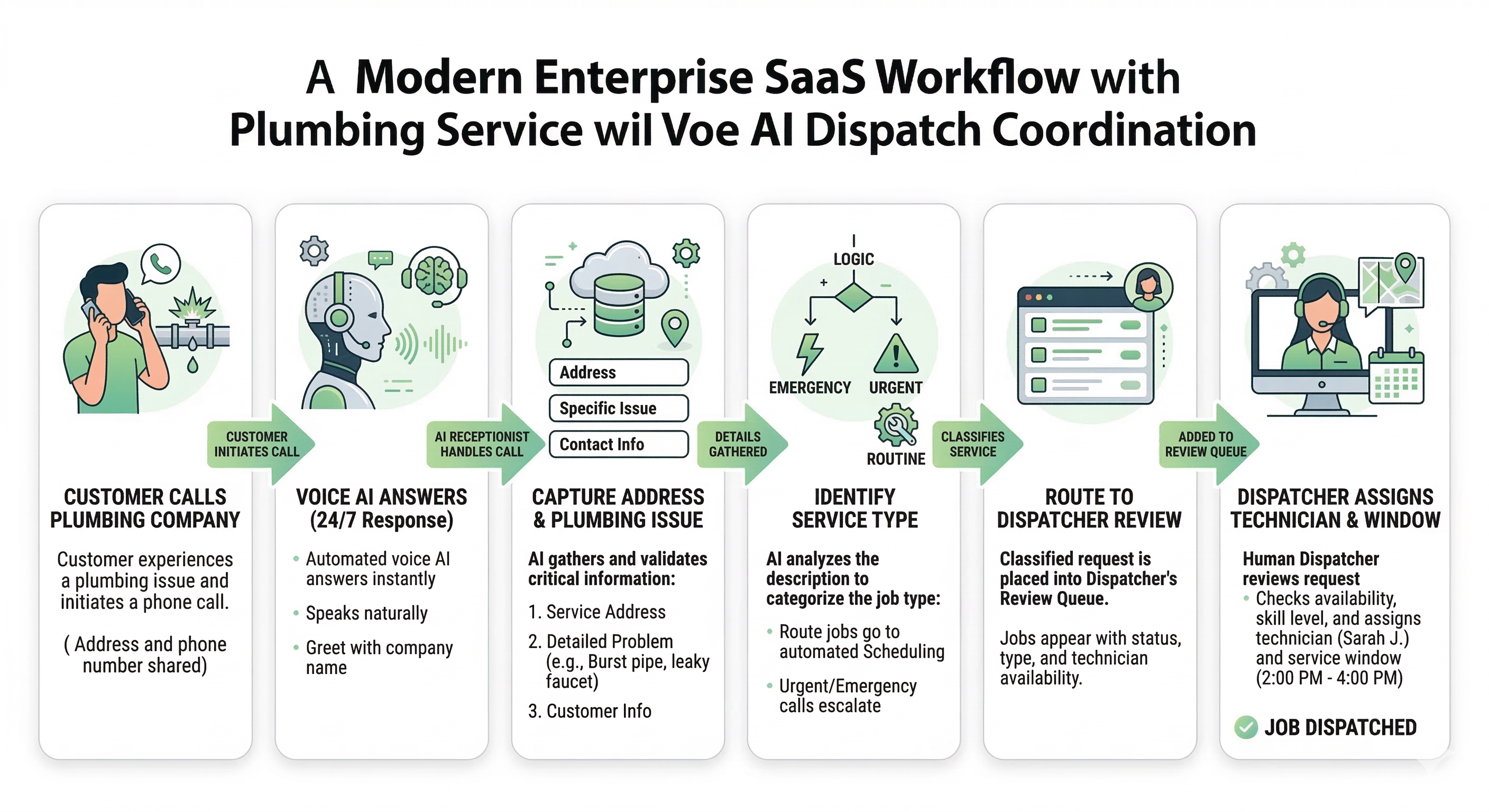 Voice AI dispatch workflow for plumbing companies showing issue intake urgency classification dispatcher review and technician routing