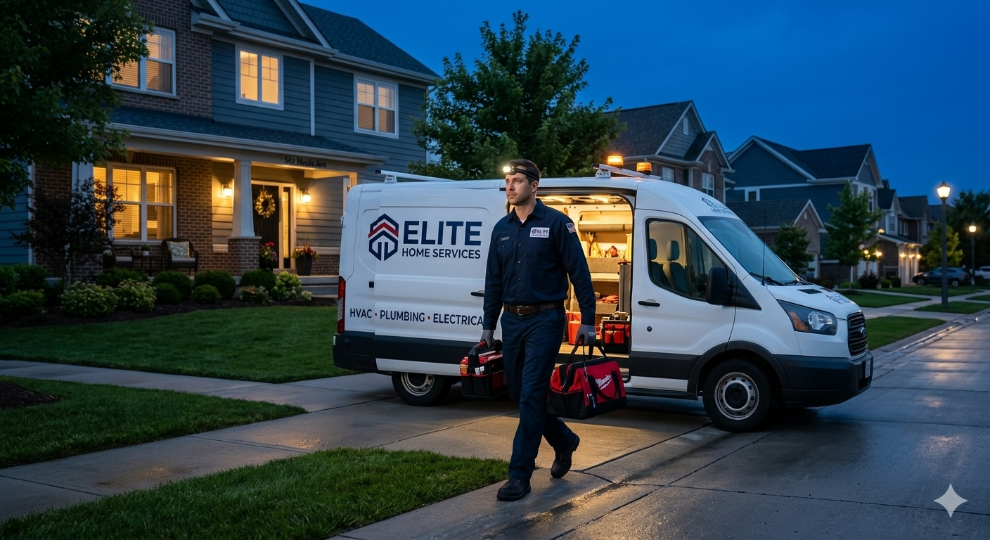 Plumber working at a residential property at night while after-hours plumbing service requests are being managed