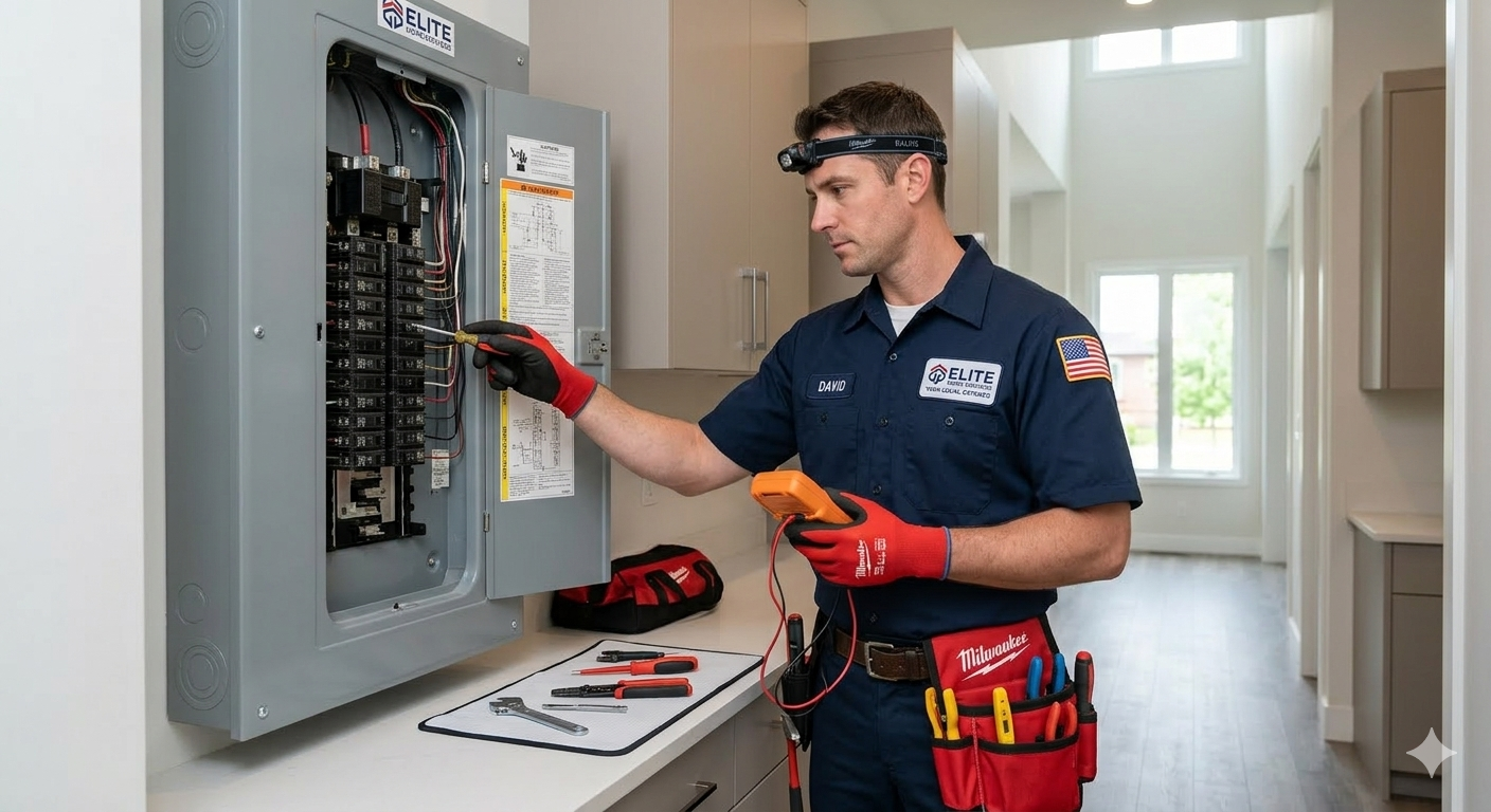 Electrician reviewing electrical panel while responding to residential service call for electrical system troubleshooting
