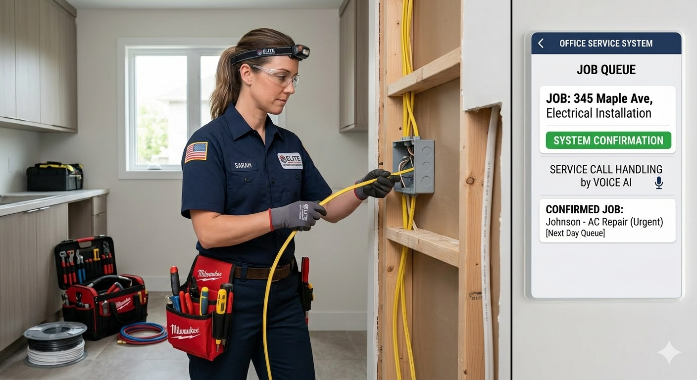 Electrical contractor answering service requests while electrician works on wiring installation at a residential property