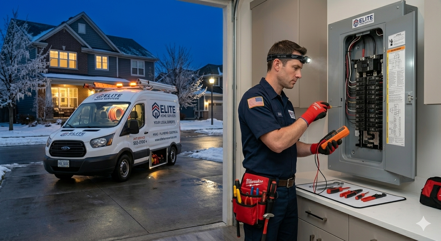 Electrician working at a residential property at night responding to electrical service call