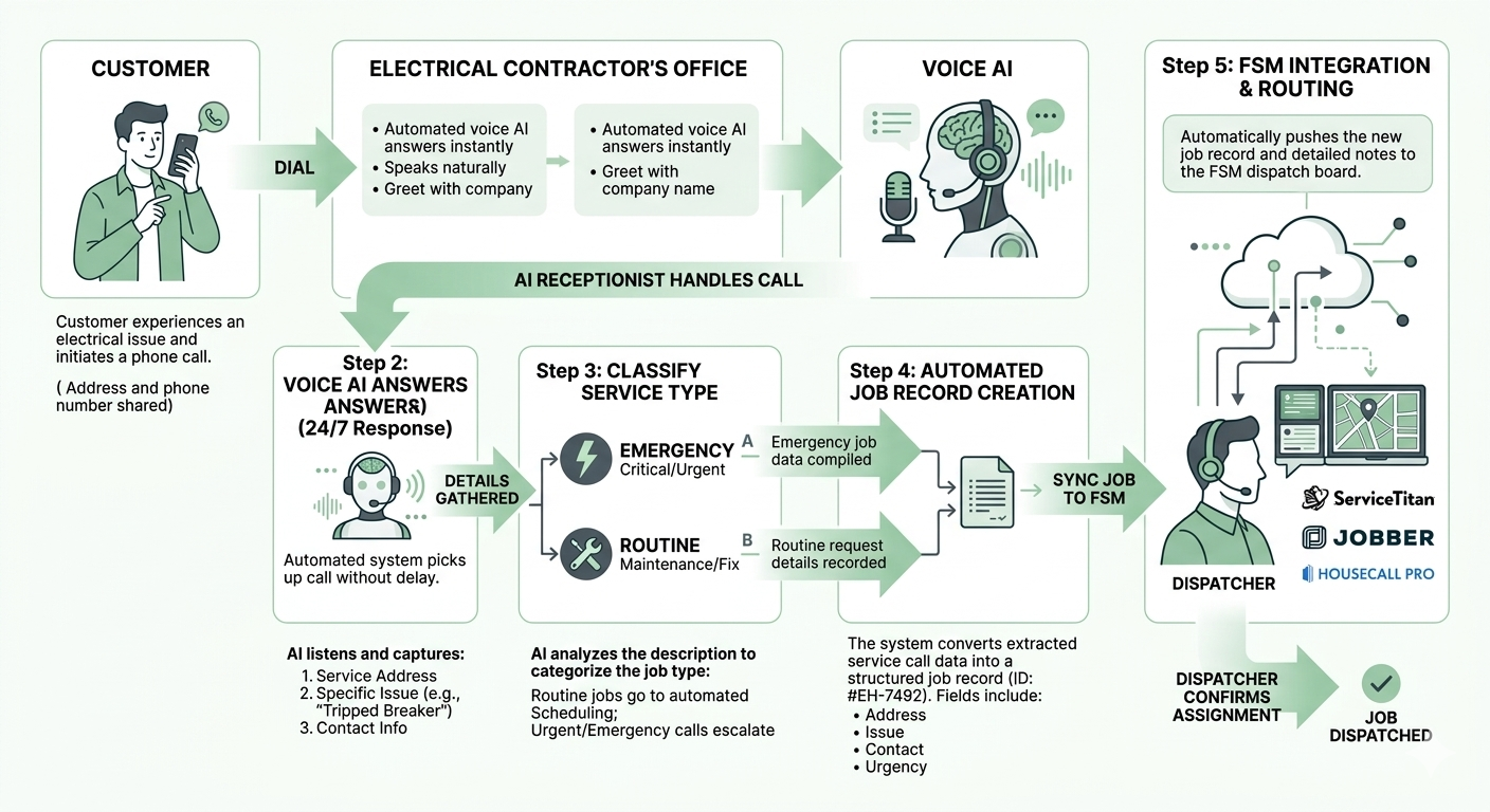 Voice AI integration workflow showing electrical contractor call intake routing into ServiceTitan Jobber Housecall Pro and dispatch systems