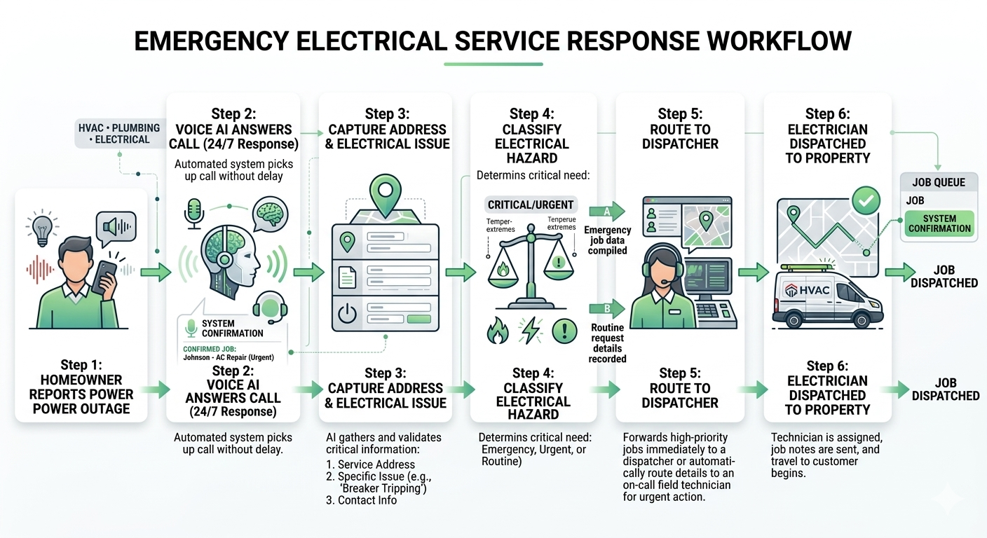Voice AI emergency electrical service workflow showing outage reporting hazard detection dispatcher escalation and technician response