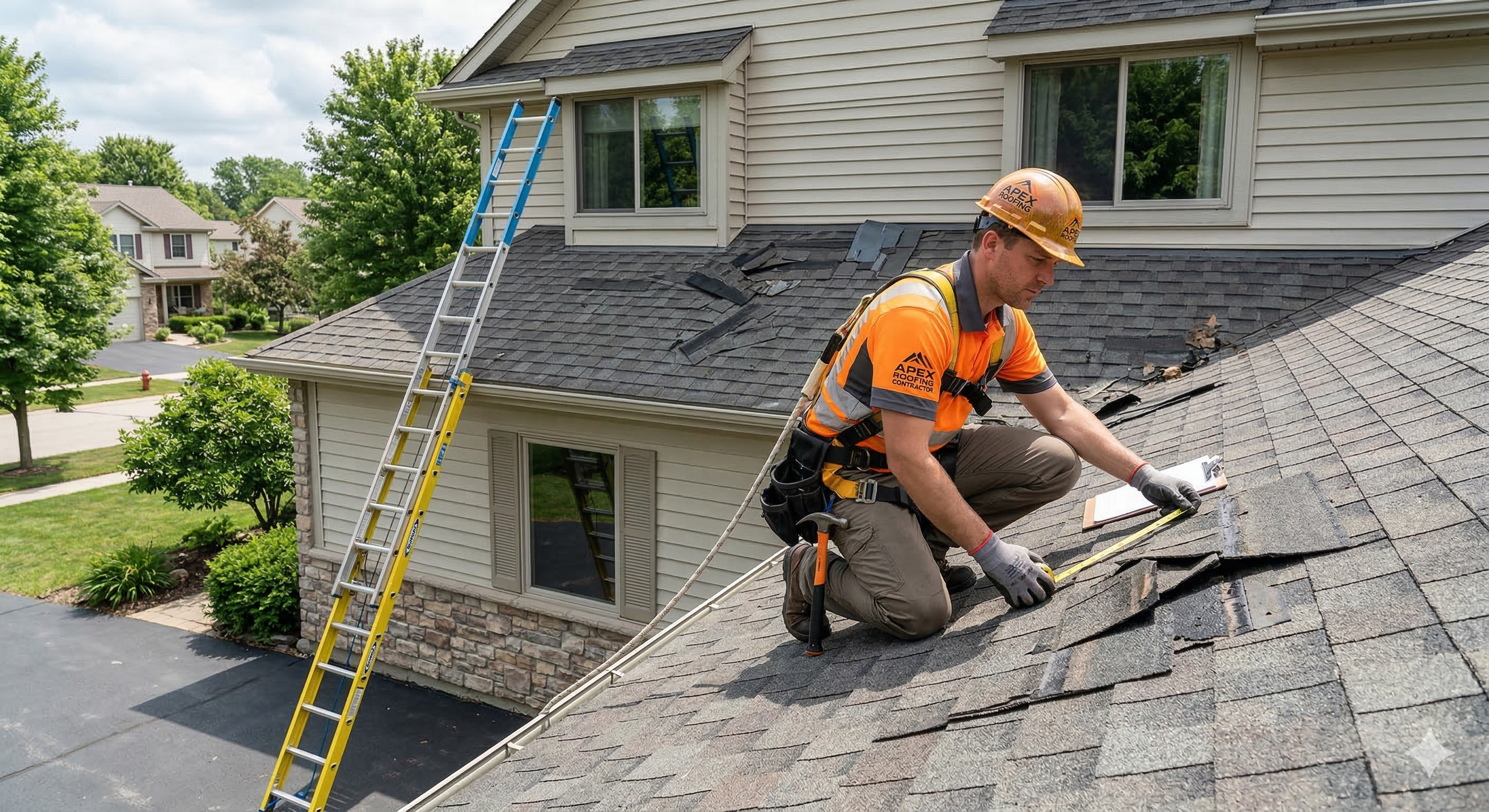 Roofing contractor inspecting residential roof damage after storm while preparing repair assessment