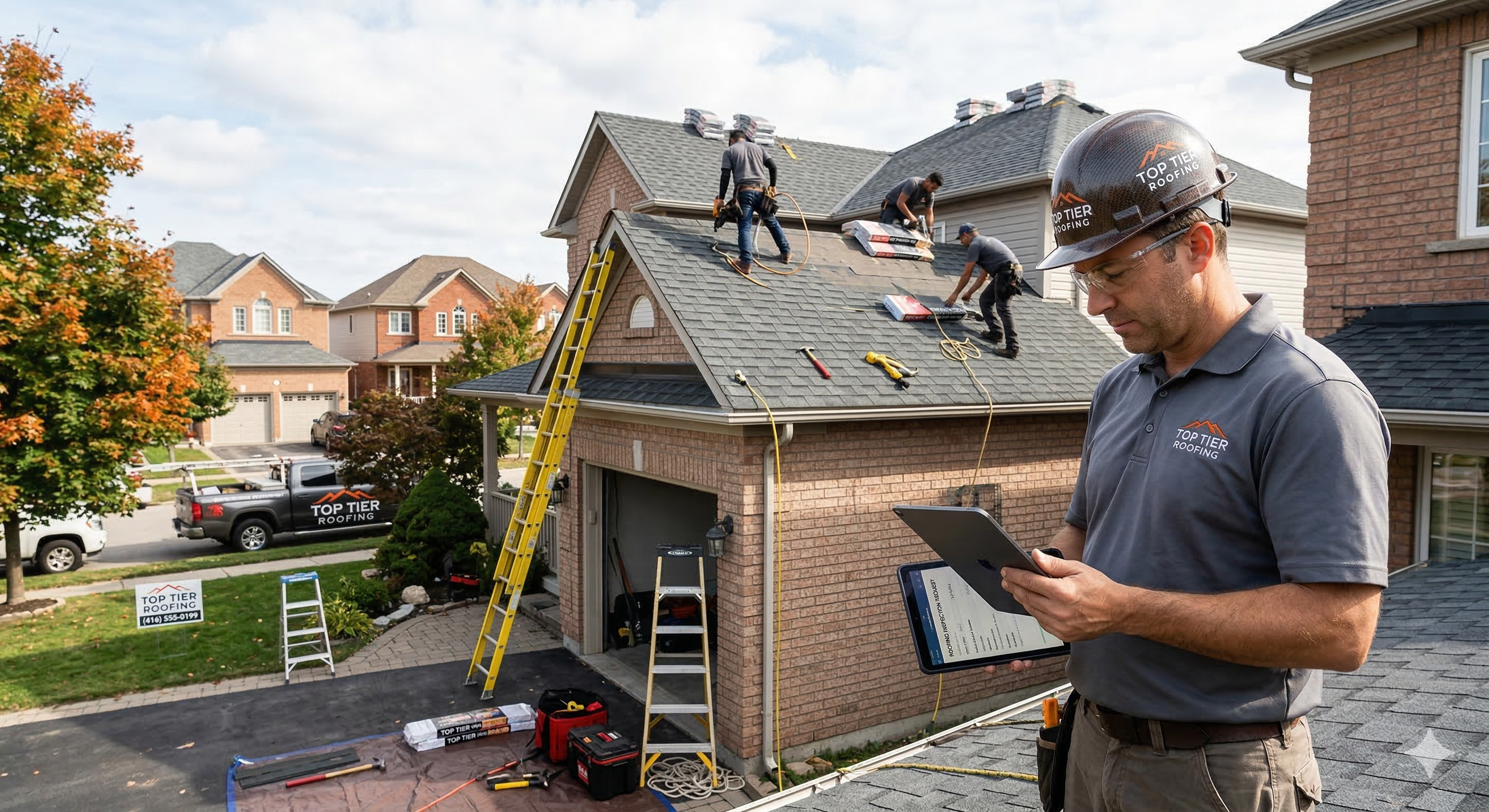Roofing contractor reviewing storm damage inspection request while roofing crew works on residential roof
