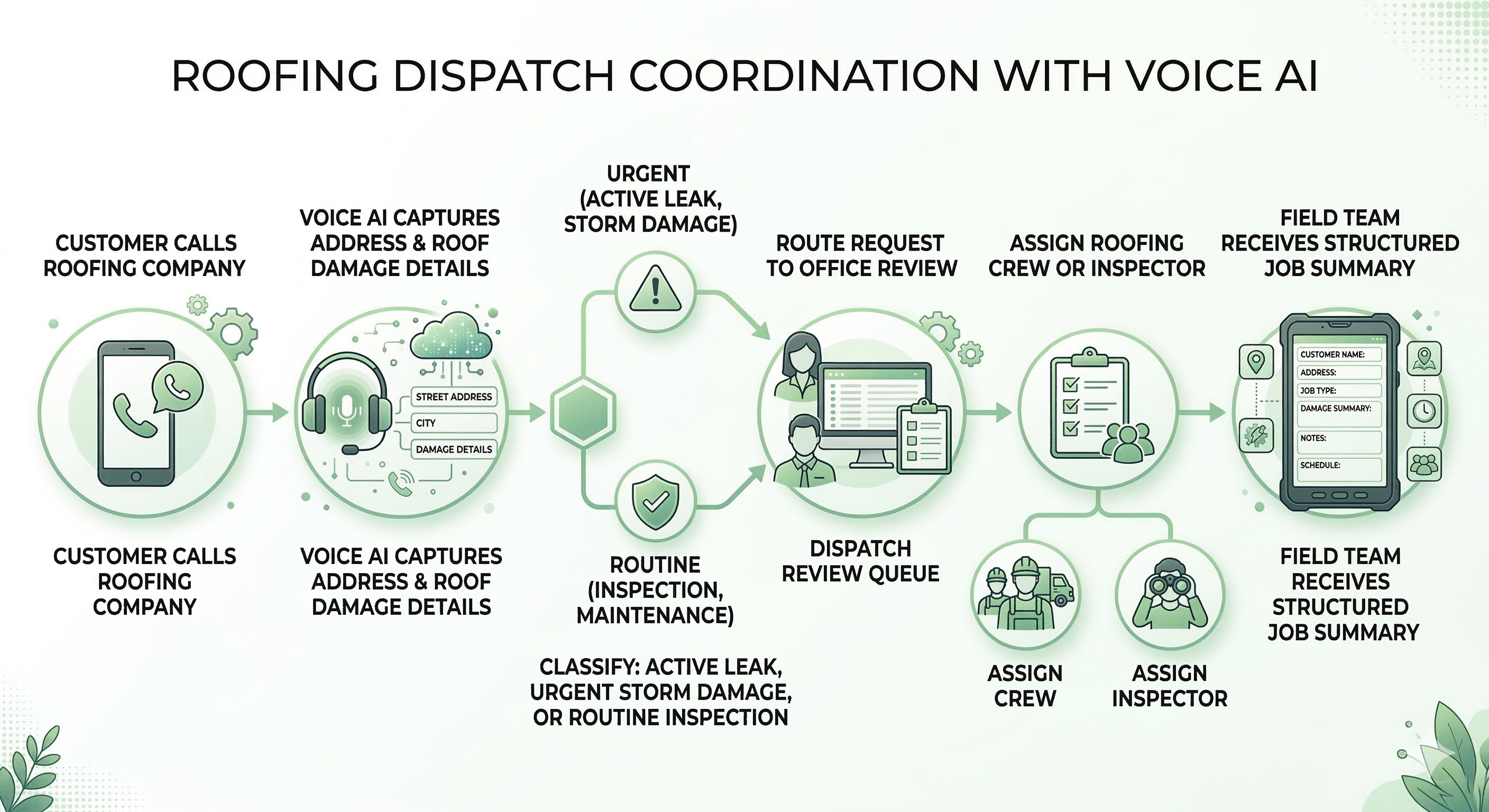 Voice AI dispatch workflow for roofing contractors showing storm damage intake urgency classification office review and crew routing