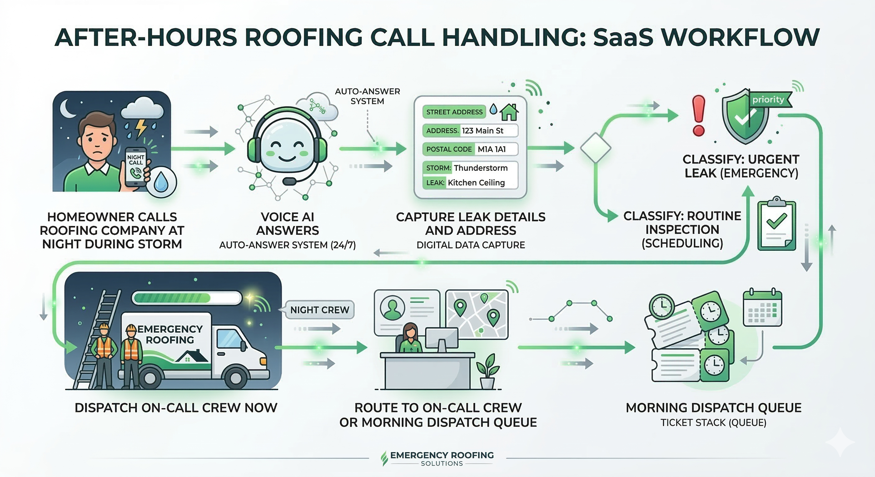 Voice AI after hours roofing call handling workflow showing overnight leak report intake automated call answering and escalation to on call roofing crews