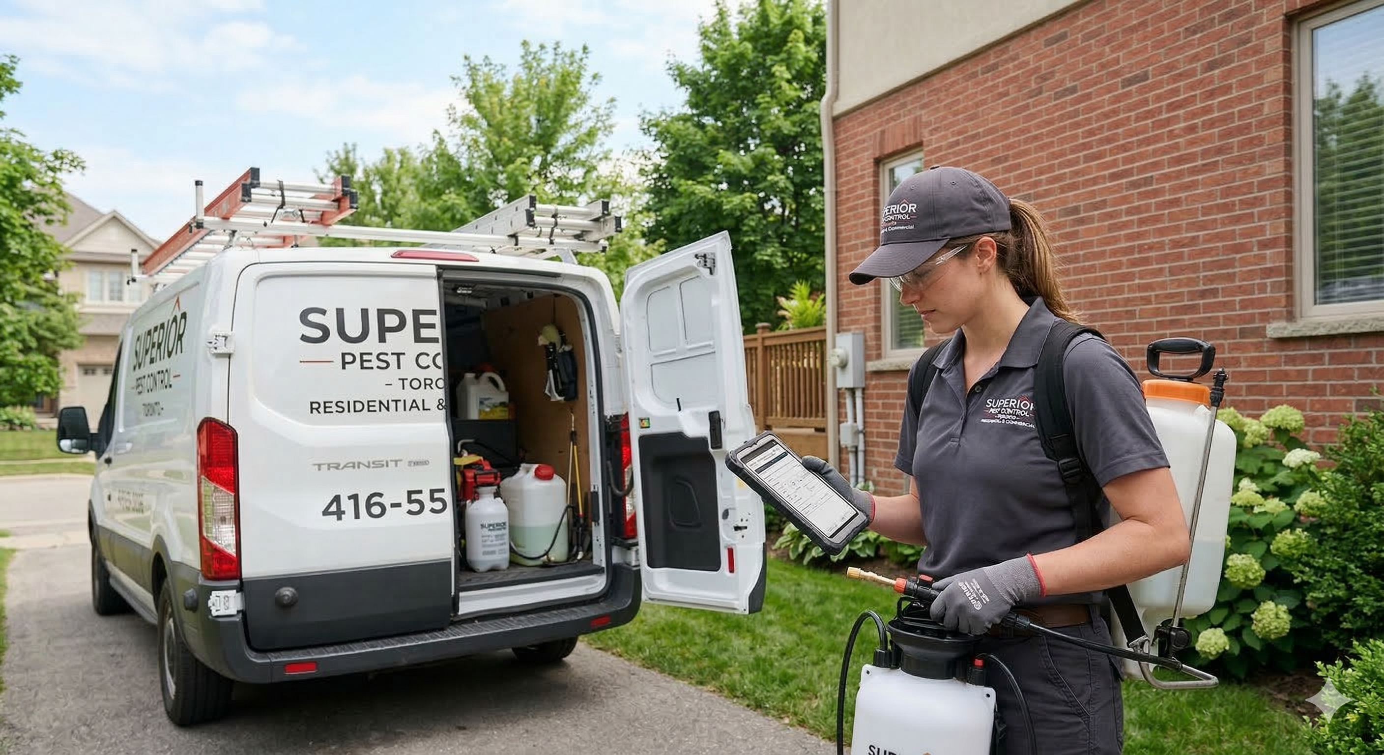 Pest control technician reviewing inspection request while preparing treatment equipment