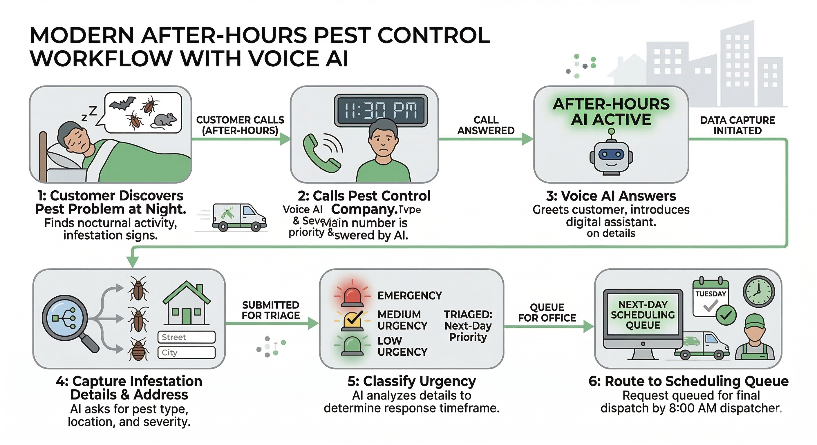 Voice AI after-hours pest control call handling workflow capturing infestation reports and routing requests for next-day service scheduling