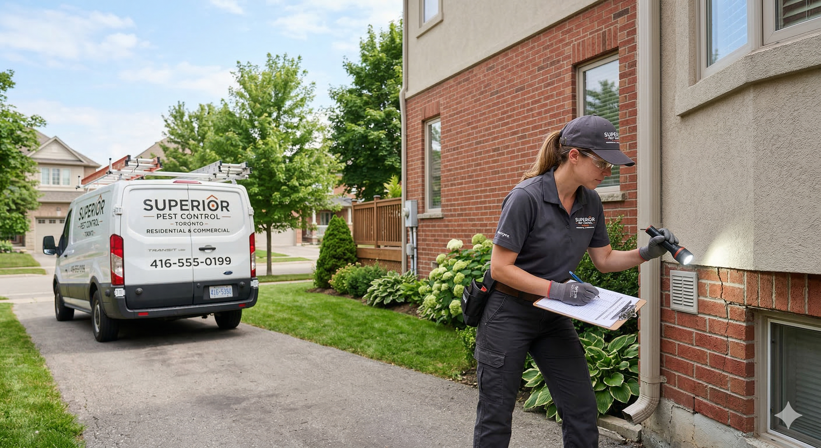 Pest control technician inspecting residential property for infestation while preparing treatment plan