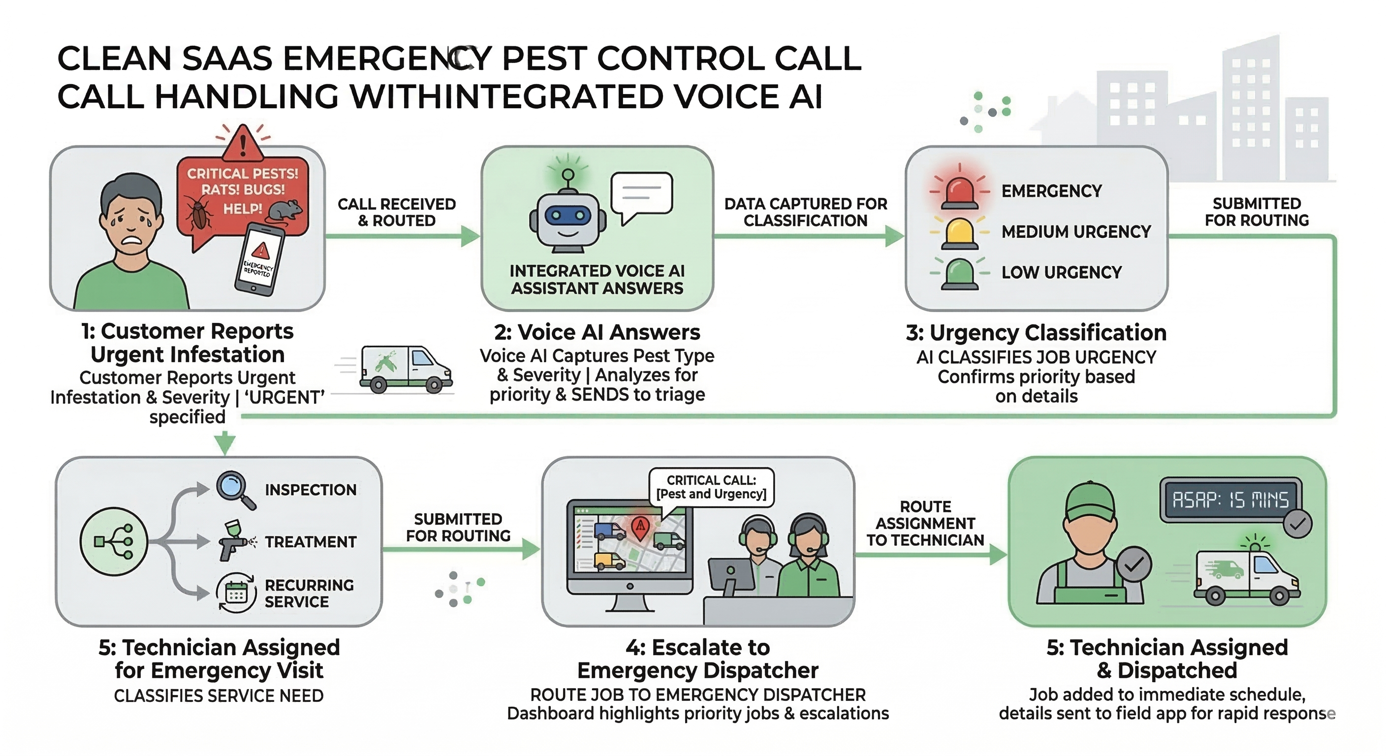 Voice AI emergency pest control workflow showing urgent infestation call classification and routing to dispatch teams