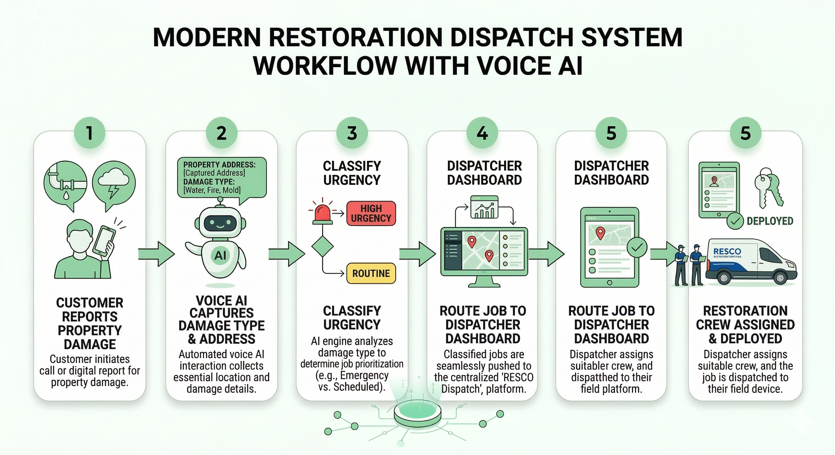 Voice AI restoration dispatch workflow showing emergency damage intake classification and routing to technician dispatch teams