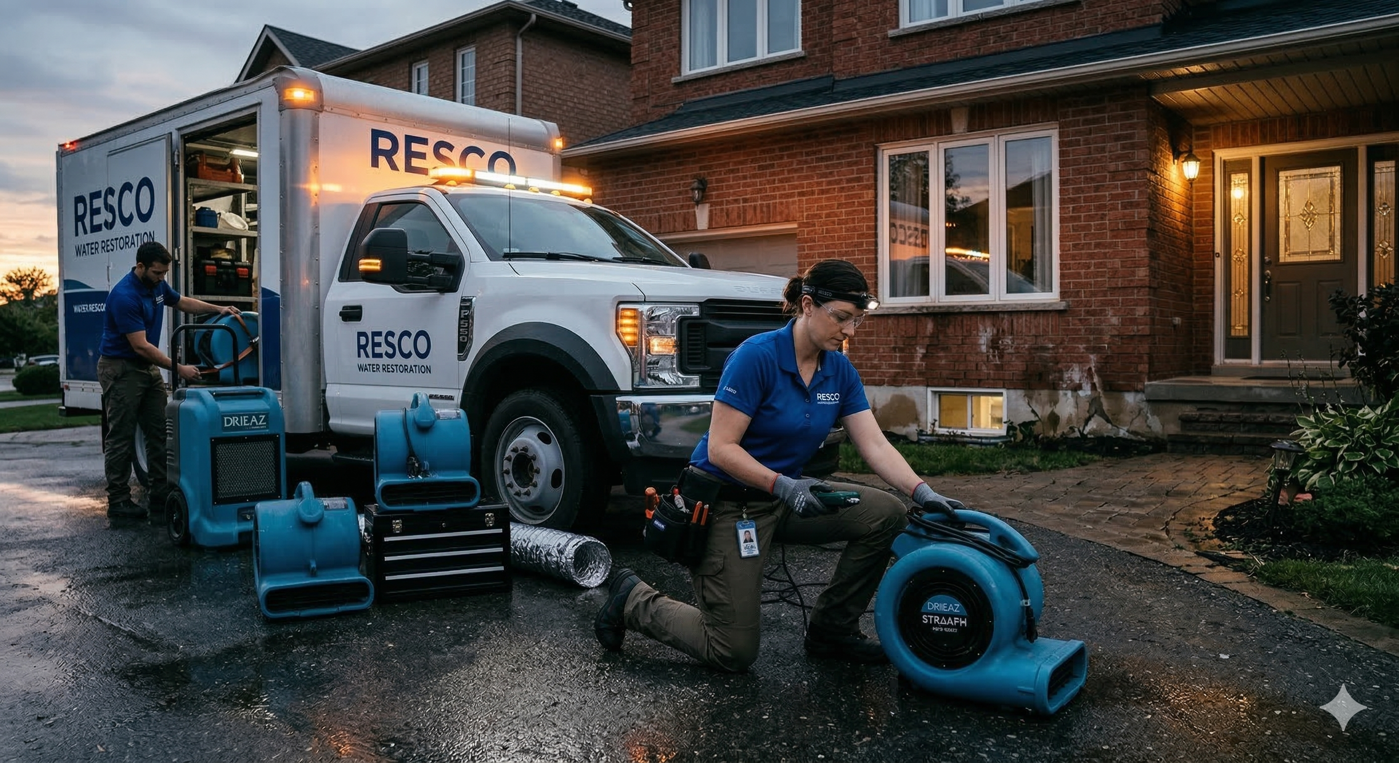 Restoration technician responding to residential water damage at night with service vehicle and emergency equipment visible