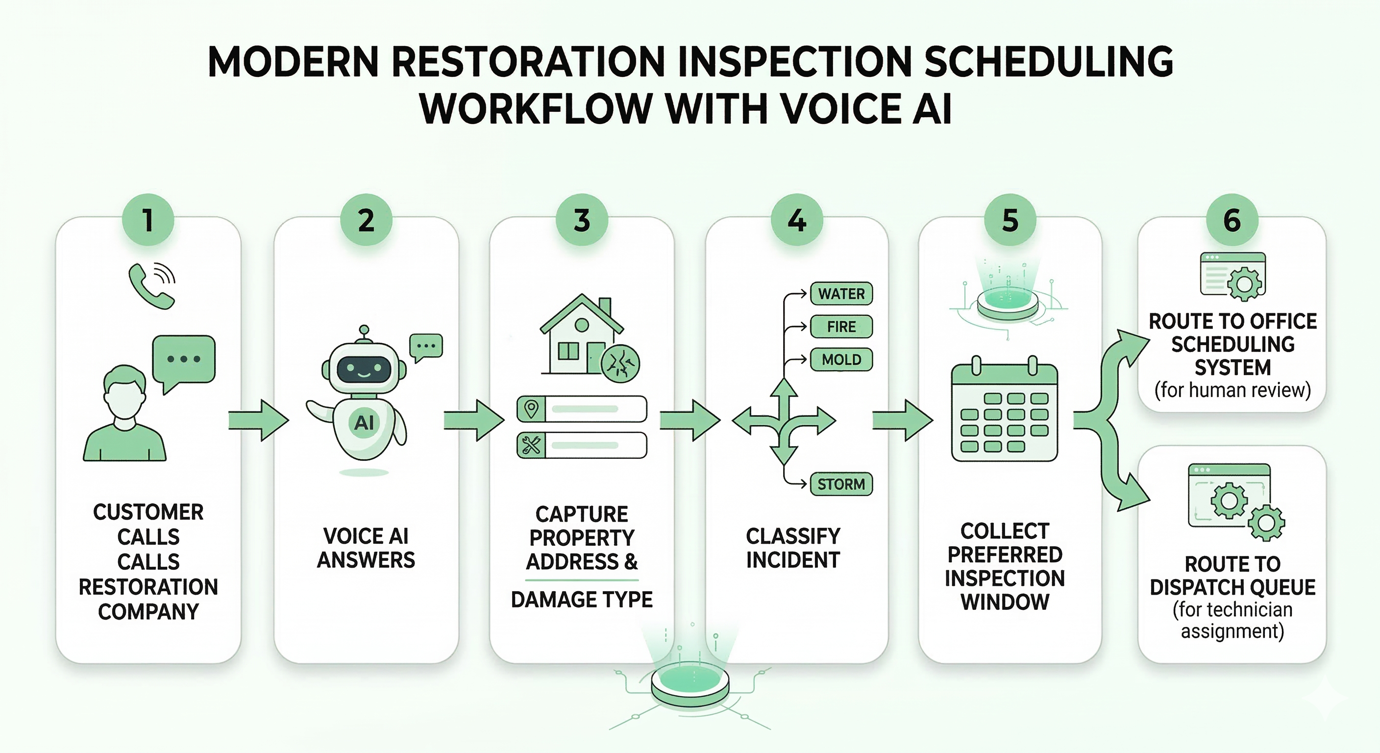 Voice AI scheduling workflow for restoration companies showing damage intake assessment booking urgency flagging and routing to office or dispatch teams
