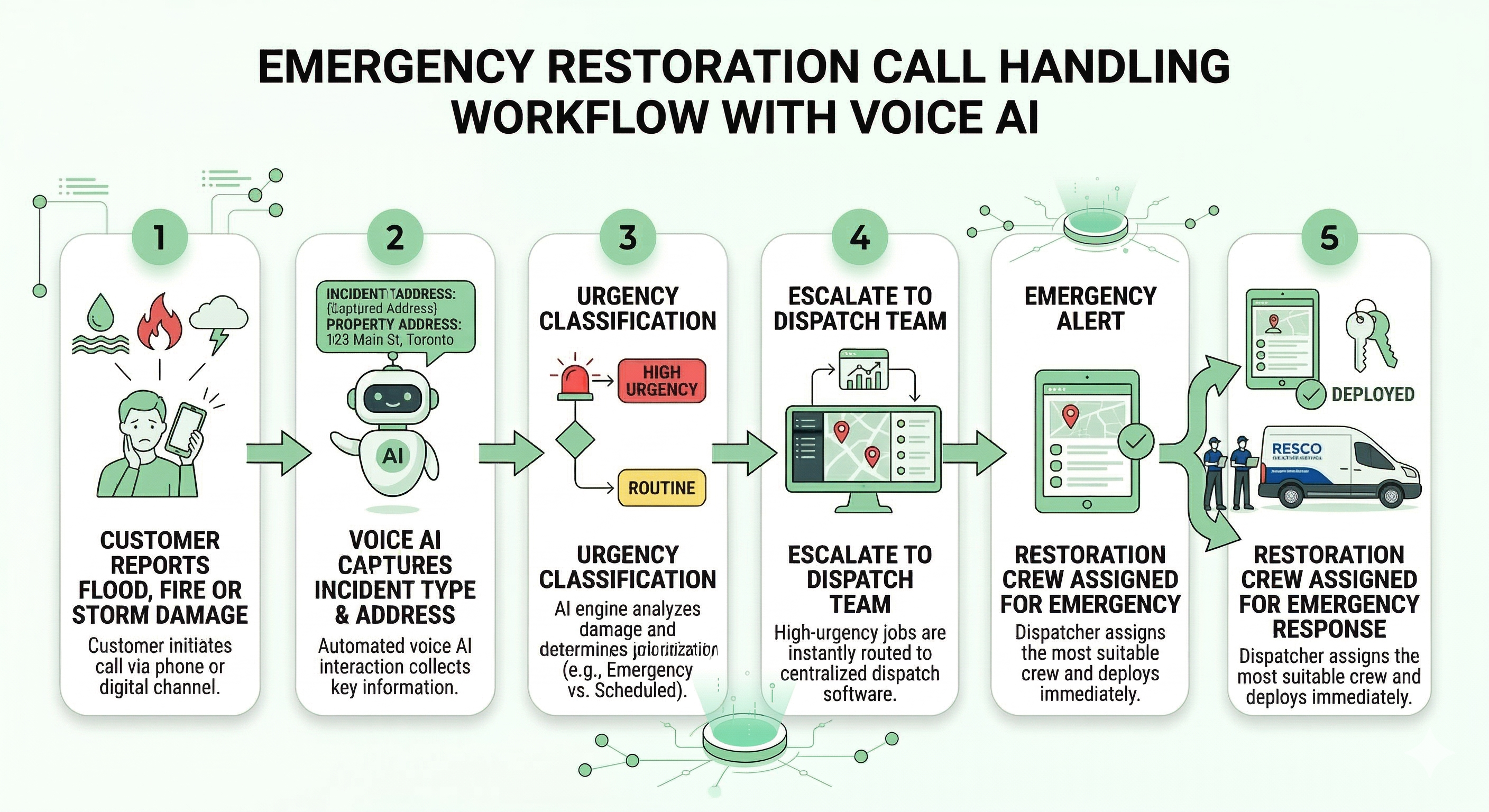 Voice AI emergency restoration workflow showing urgent property damage call classification and routing to dispatch response teams