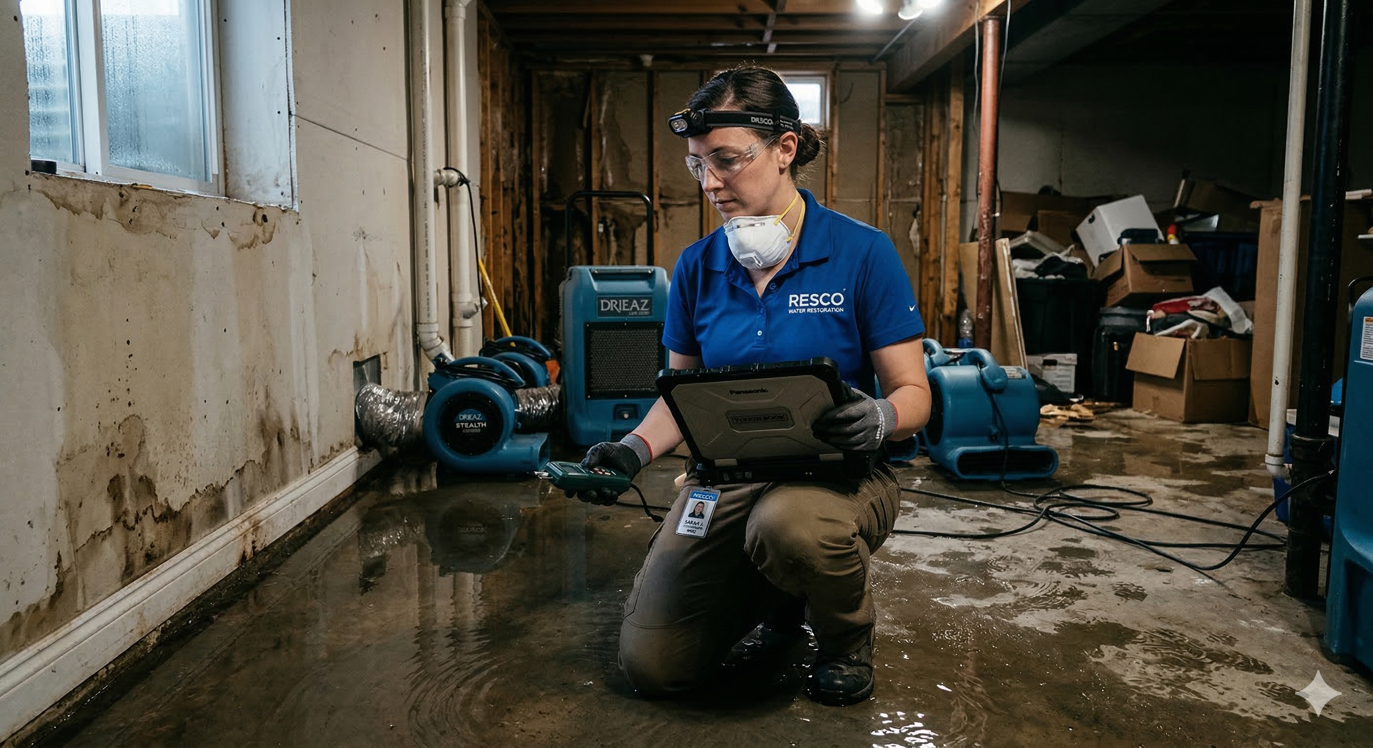 restoration technician inspecting residential property water damage after flood incident