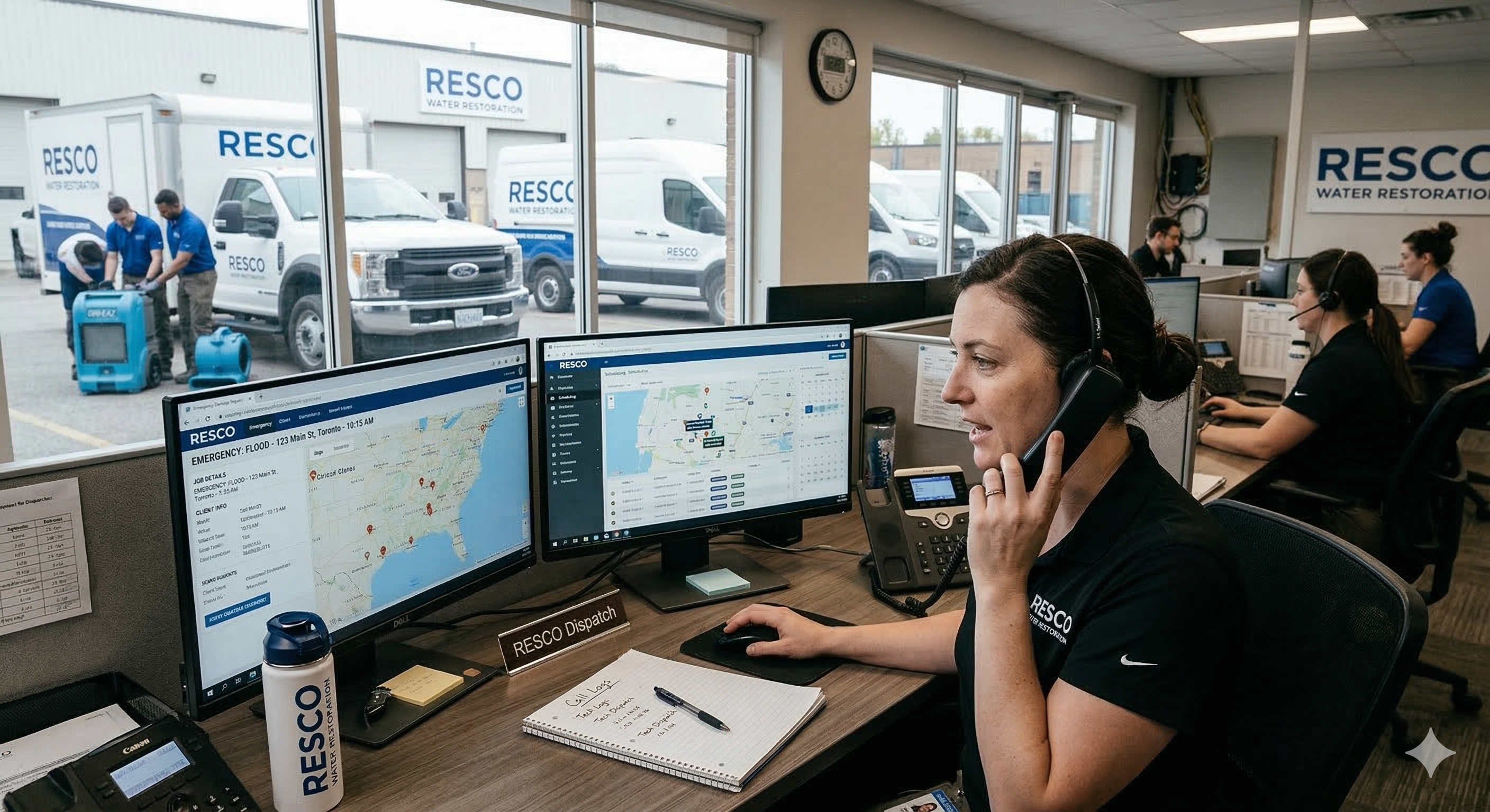 restoration dispatcher reviewing emergency property damage request while coordinating technician response