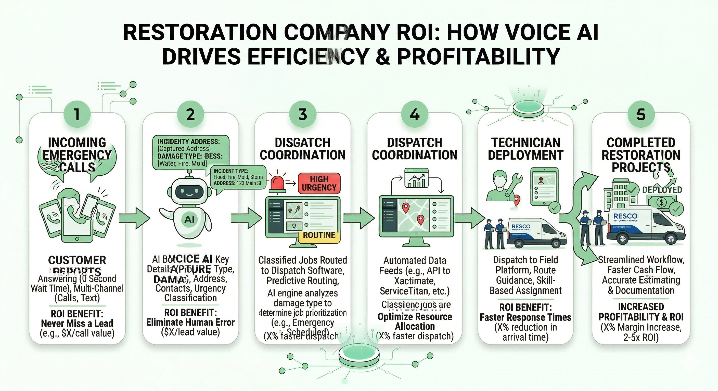 Voice AI restoration ROI diagram showing emergency call capture dispatch coordination and increased restoration project bookings
