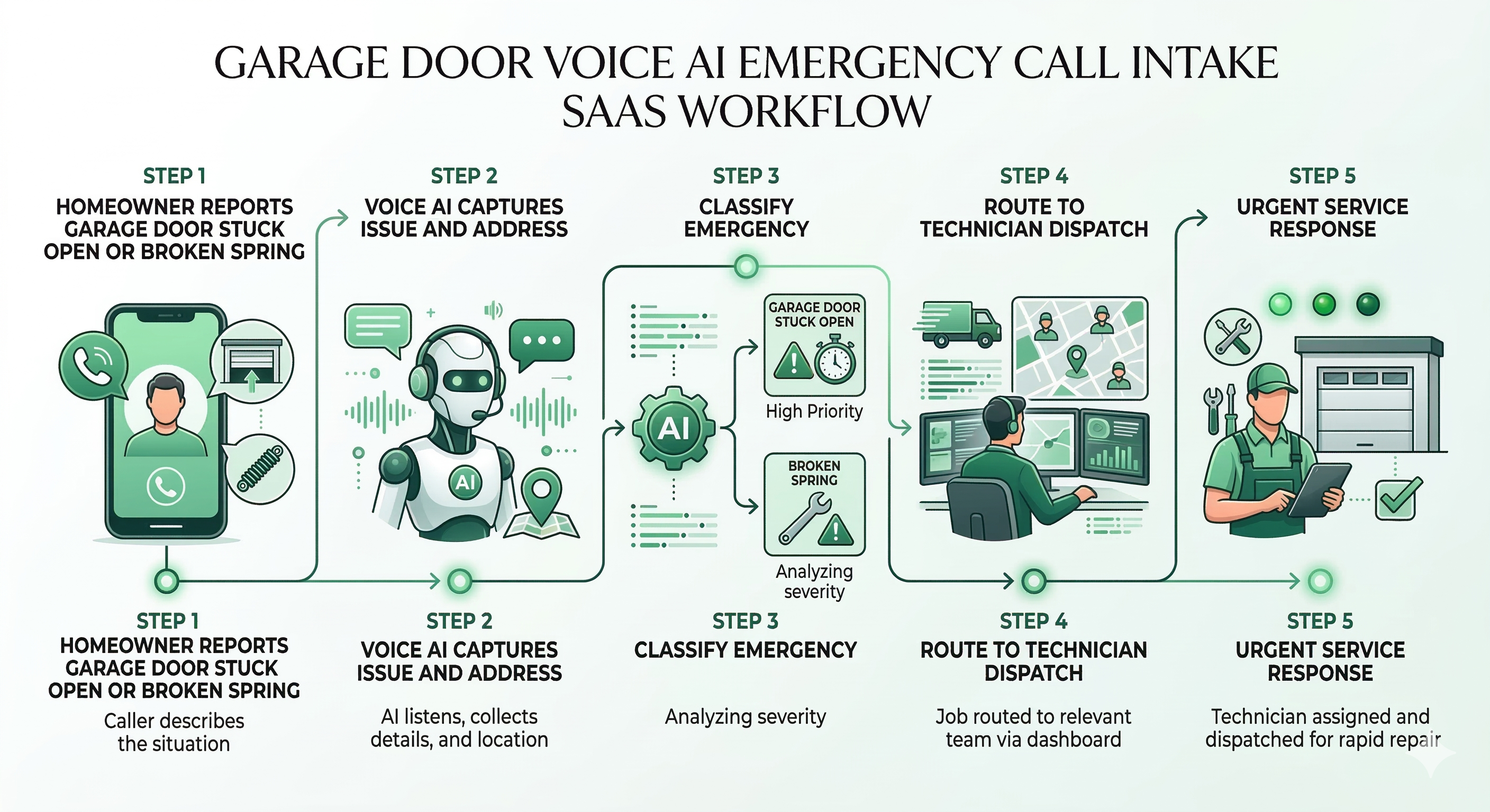 Voice AI emergency garage door repair call intake workflow showing issue classification and dispatch escalation