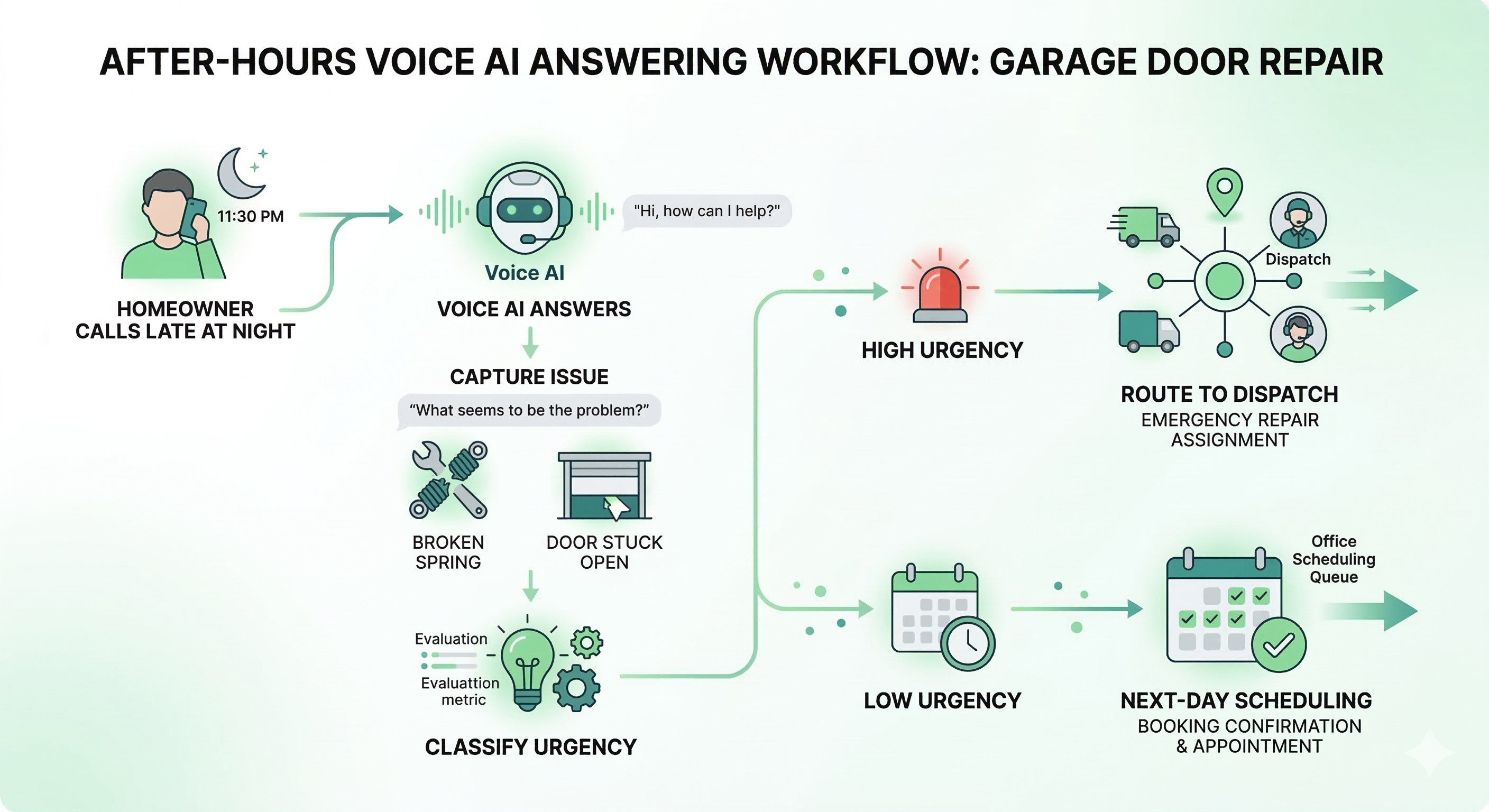 Voice AI after-hours answering workflow for garage door companies showing overnight repair call intake and dispatch routing