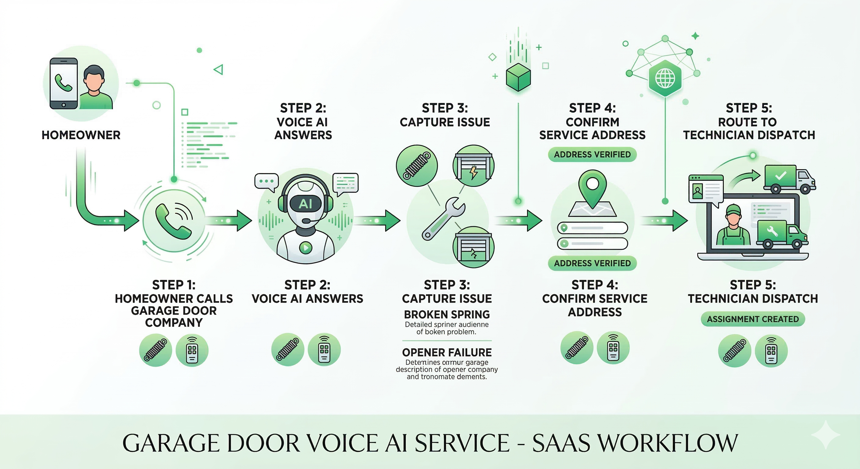 Voice AI answering service workflow for garage door repair calls showing call intake issue classification and dispatch routing