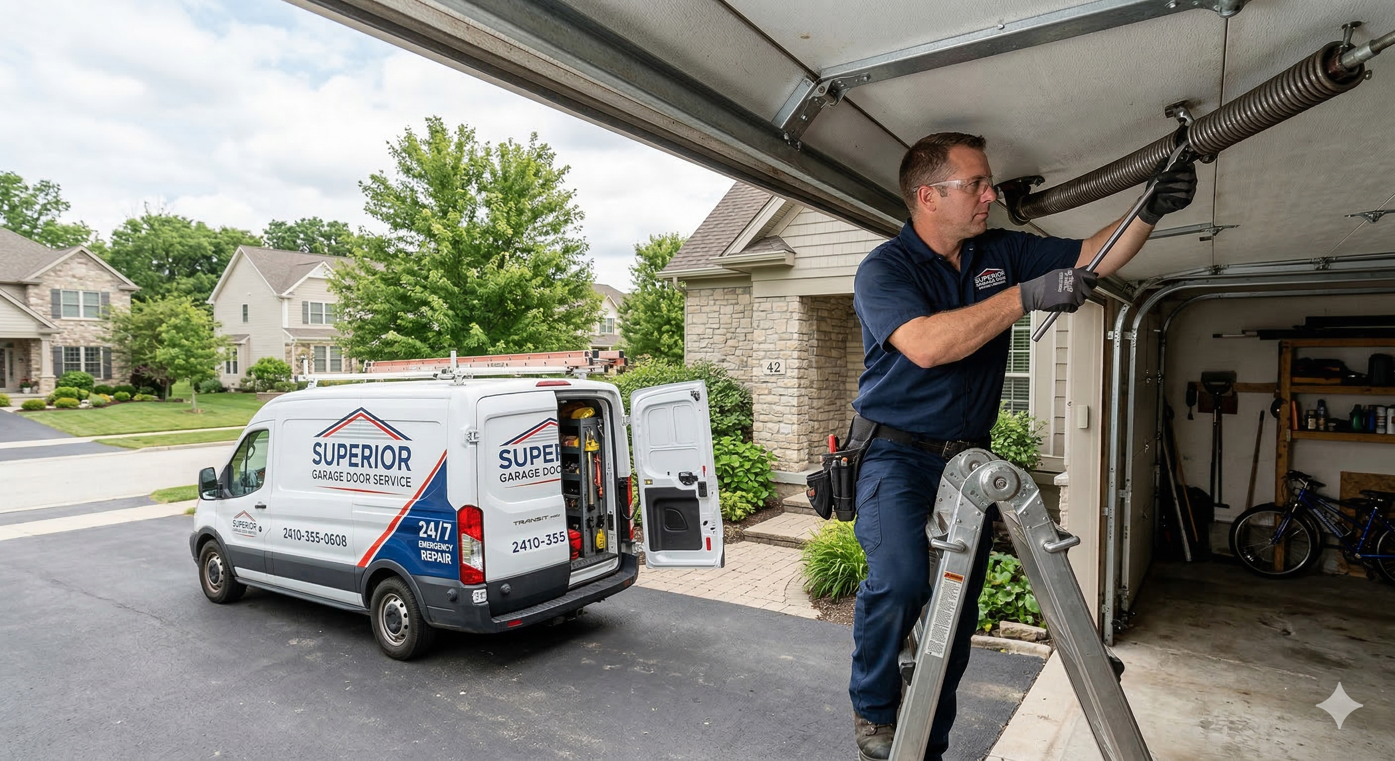 garage door technician repairing residential garage door spring at suburban home