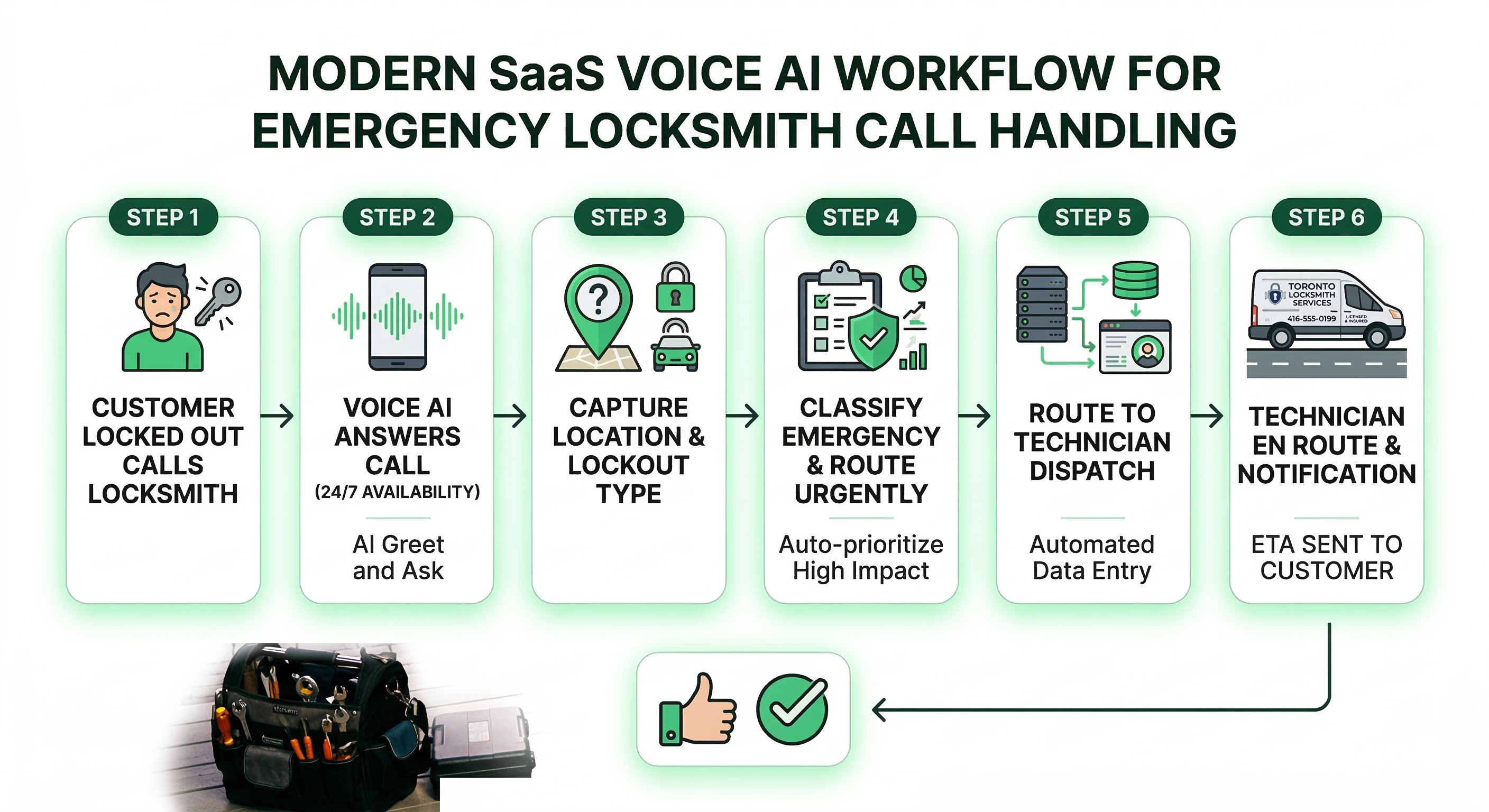 Voice AI emergency locksmith call intake workflow showing lockout classification and technician dispatch routing