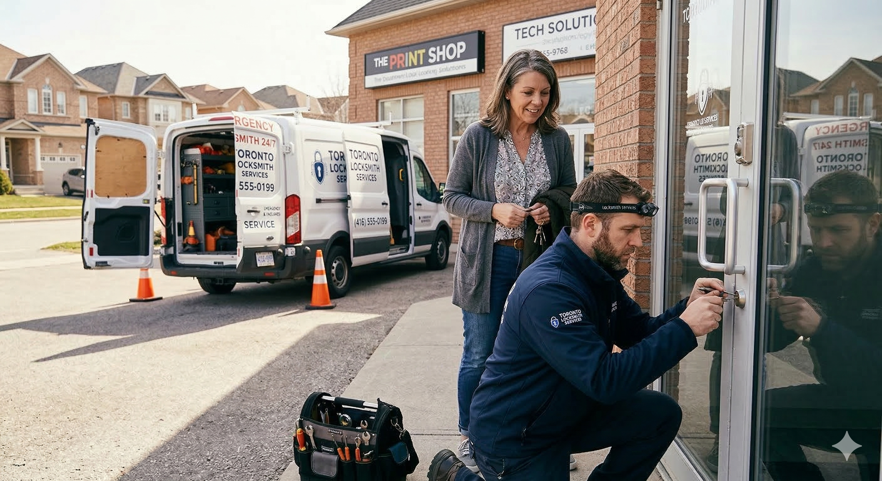 locksmith technician unlocking residential door during emergency lockout service call