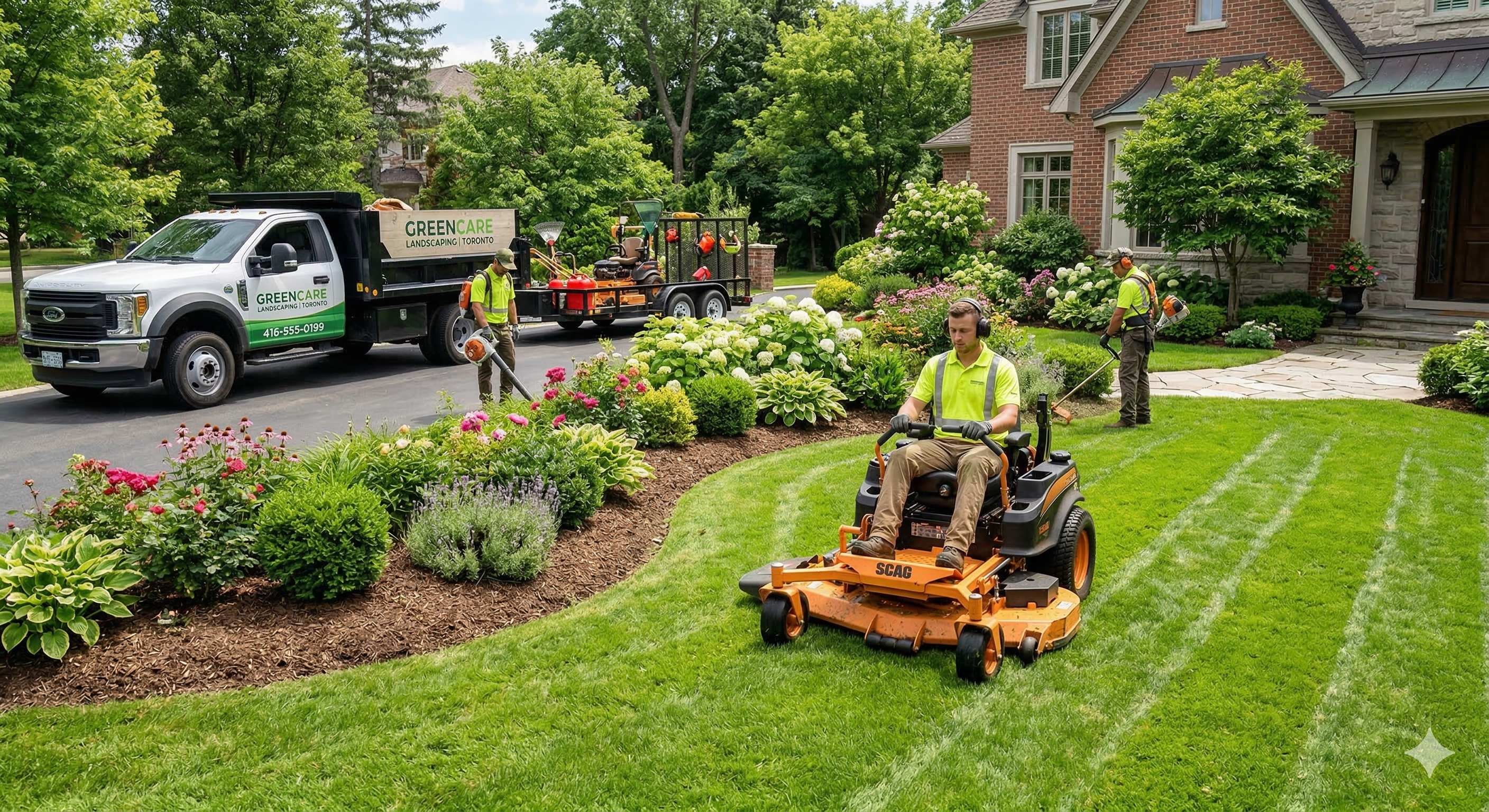 professional landscaping crew mowing lawn and maintaining residential garden property