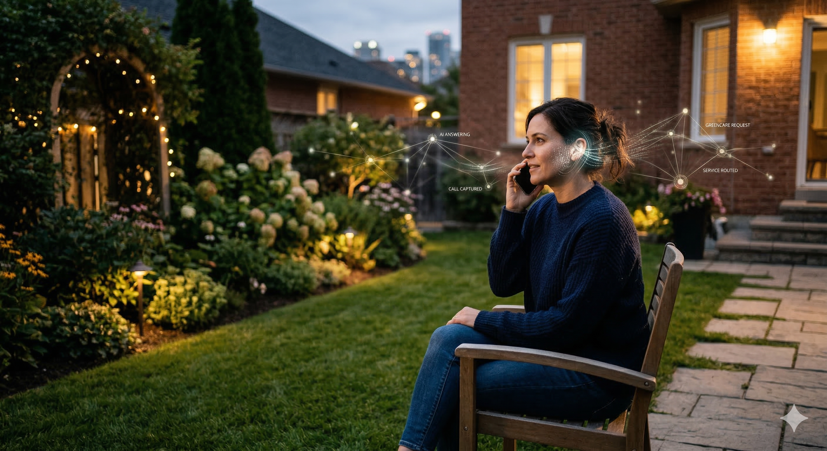 landscaping customer calling at night while voice AI system captures service request for lawn care and scheduling