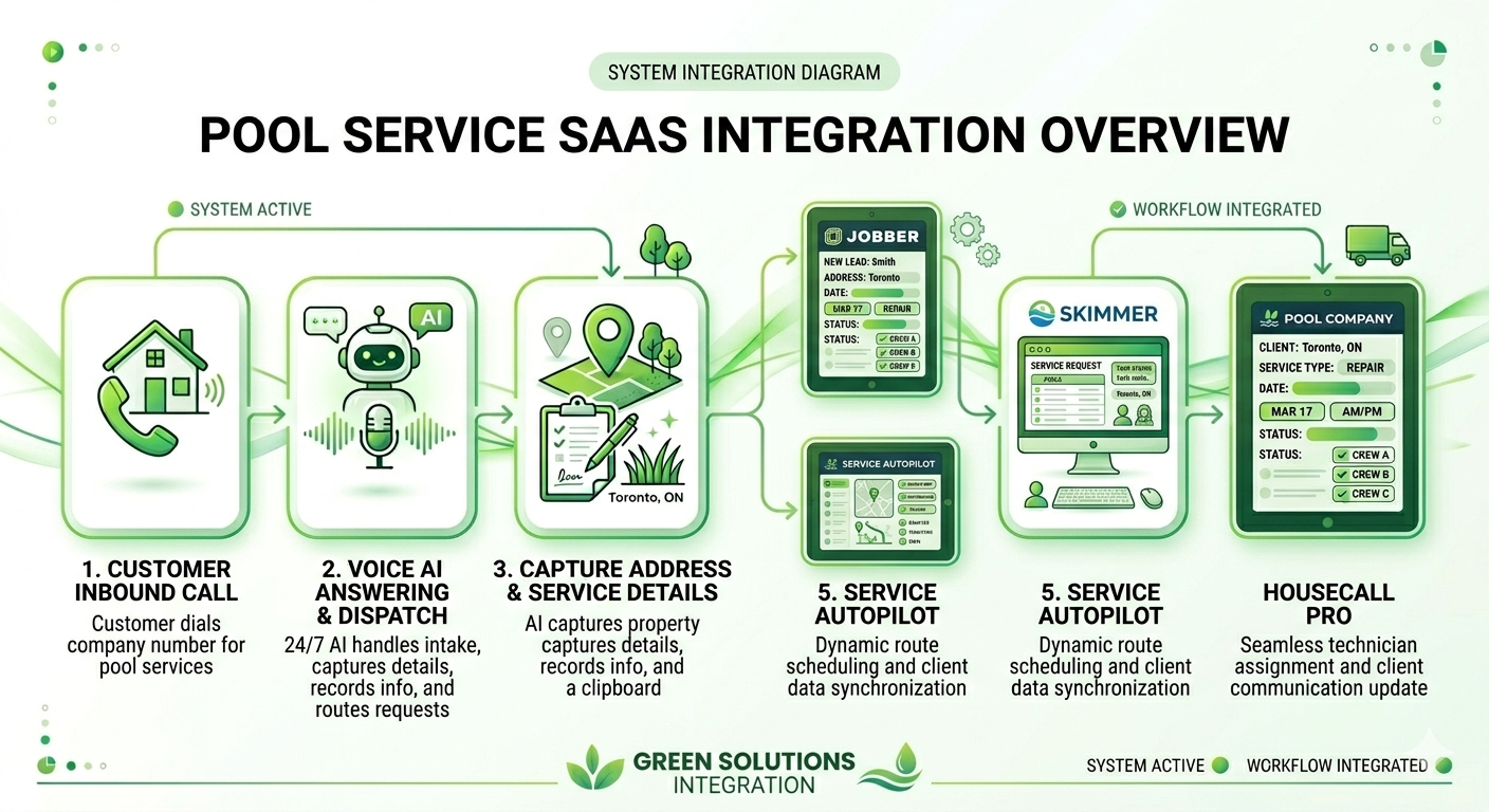 Voice AI pool service CRM integration showing call intake connected to Jobber Skimmer Service Autopilot and Housecall Pro