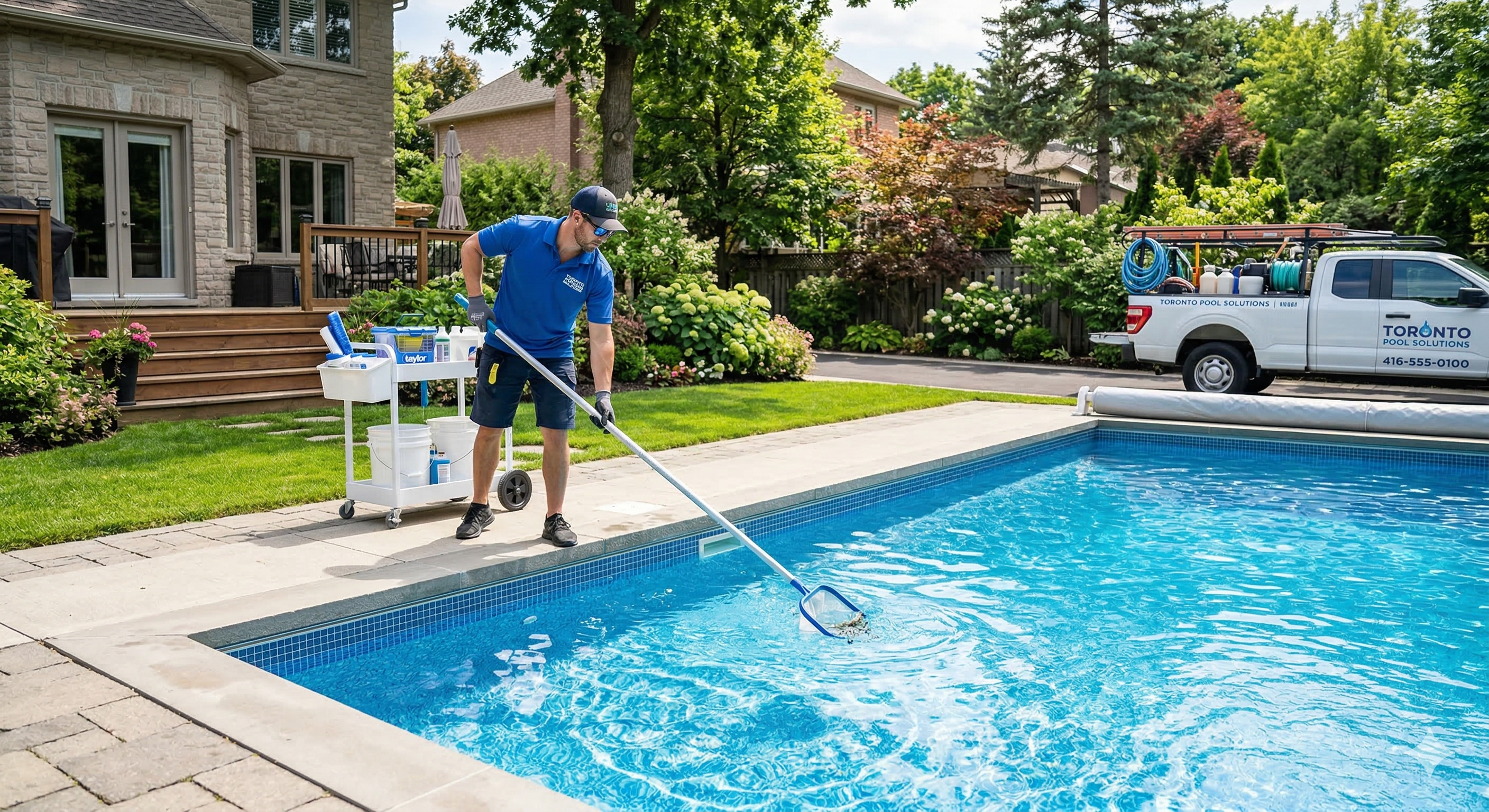 pool service technician cleaning residential swimming pool with equipment in backyard