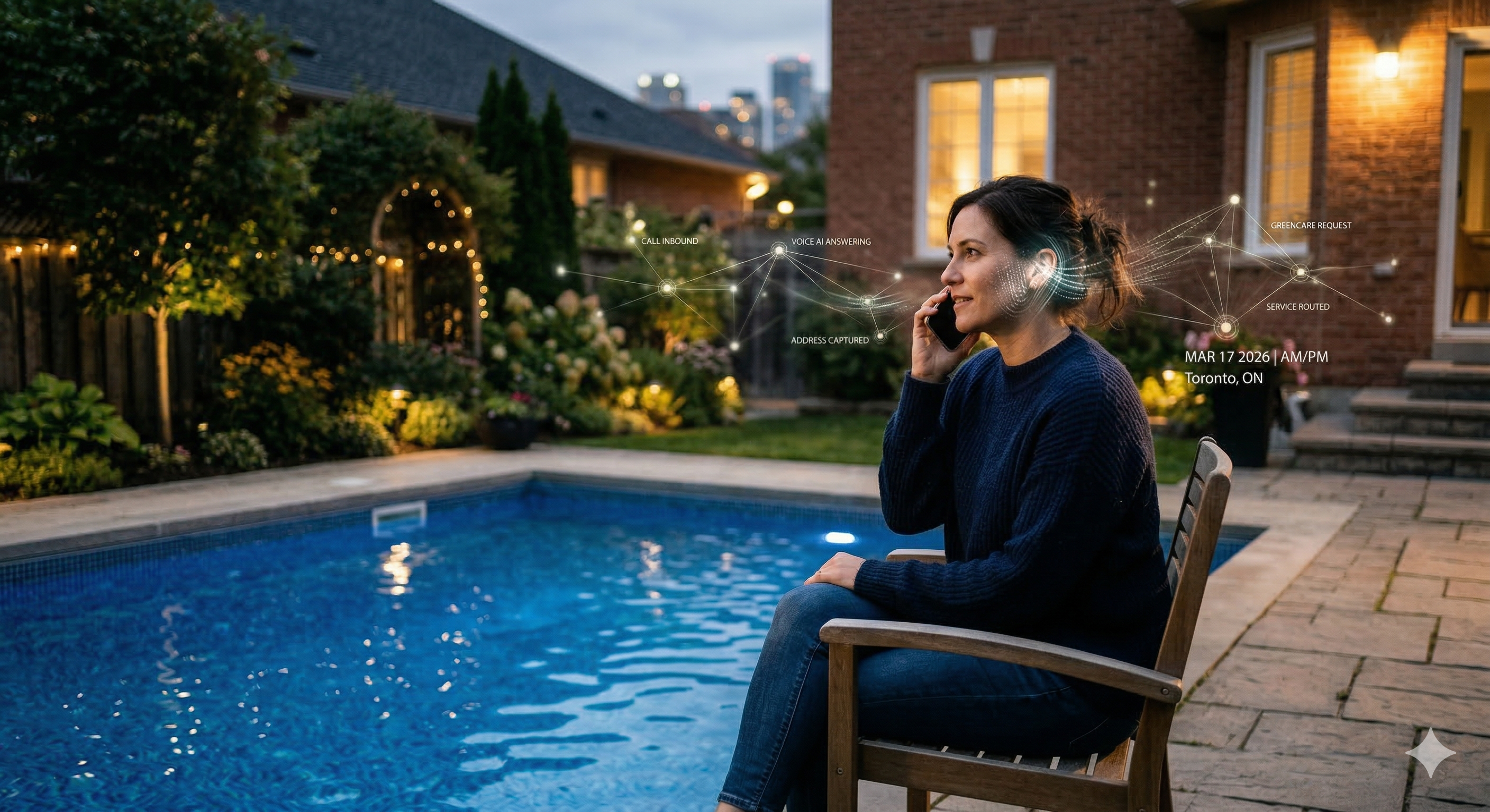 homeowner calling pool service at night while voice AI system captures maintenance or repair request
