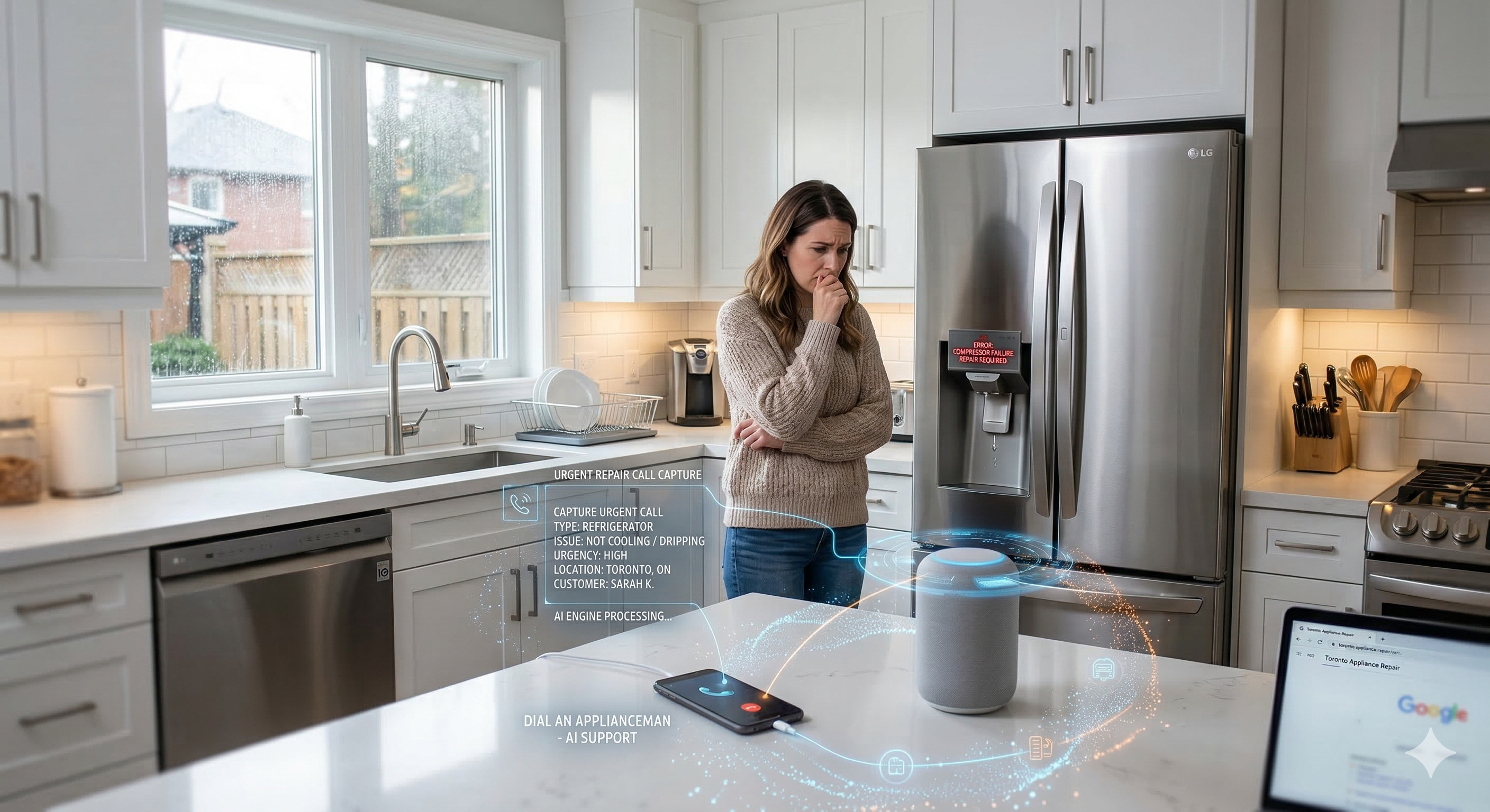 homeowner dealing with broken refrigerator while voice AI system captures urgent appliance repair request