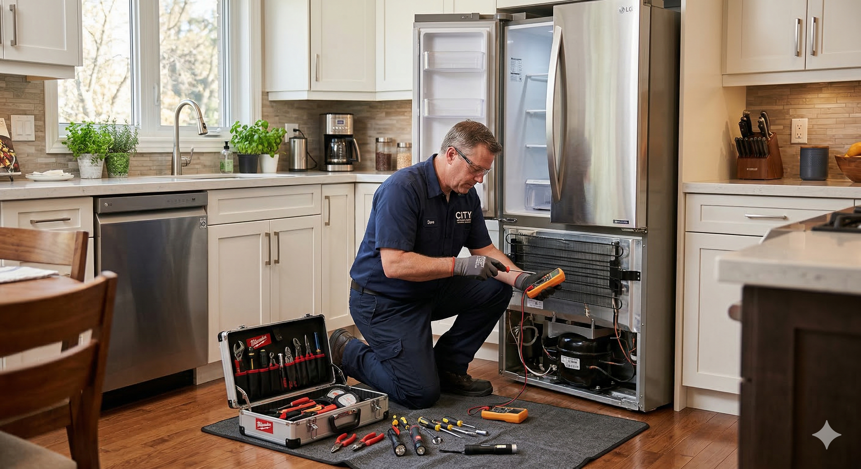 appliance repair technician fixing refrigerator in residential kitchen environment