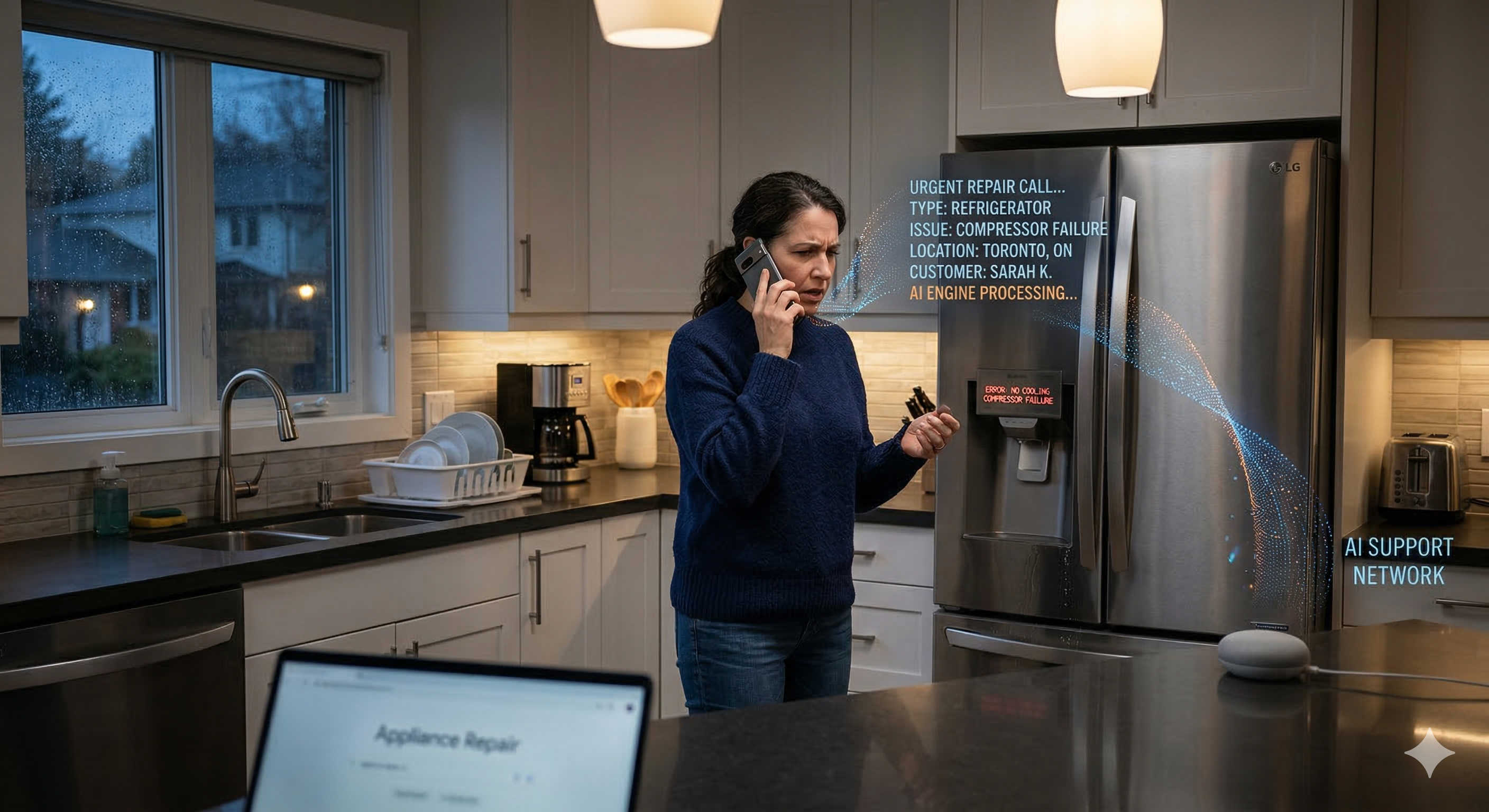 homeowner in kitchen at night calling appliance repair while AI system captures service request