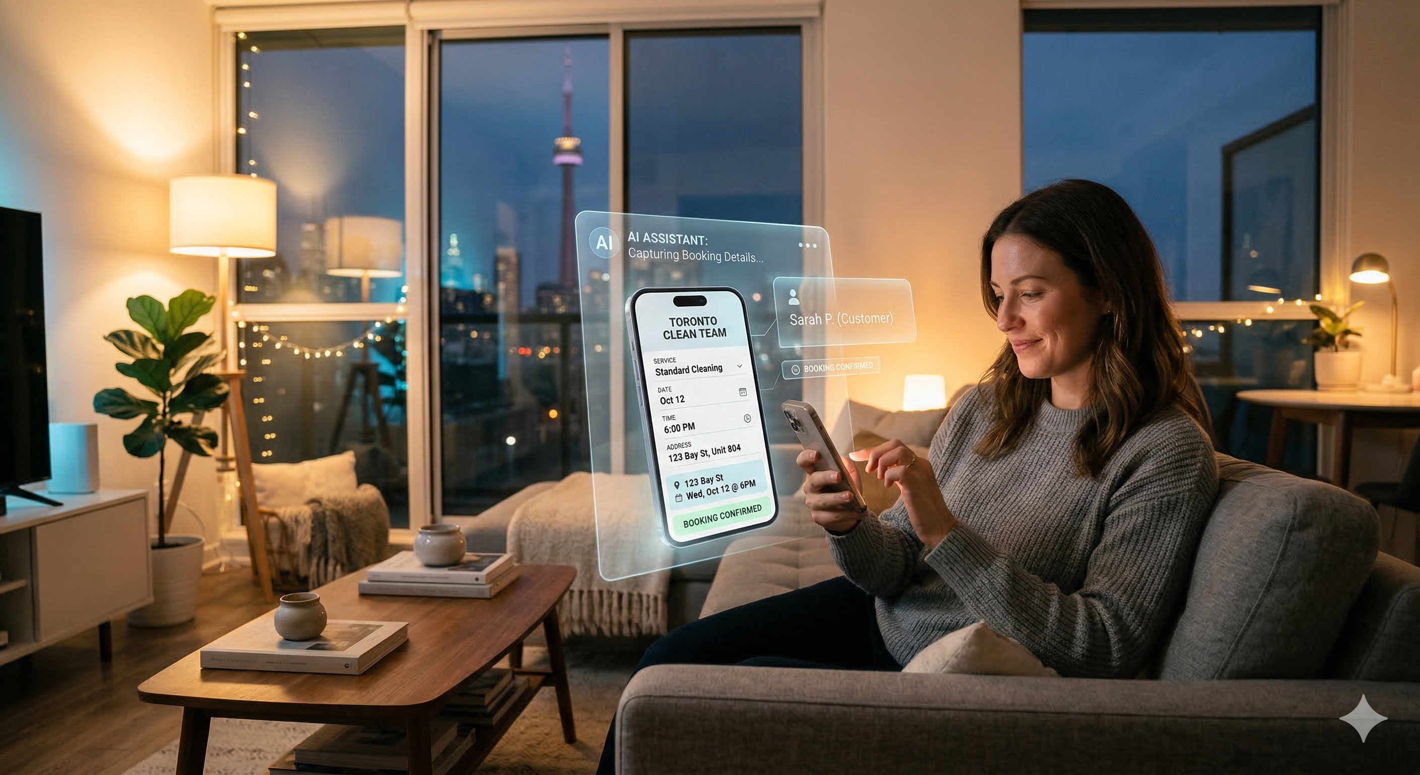 homeowner booking cleaning service at night while AI system captures service request