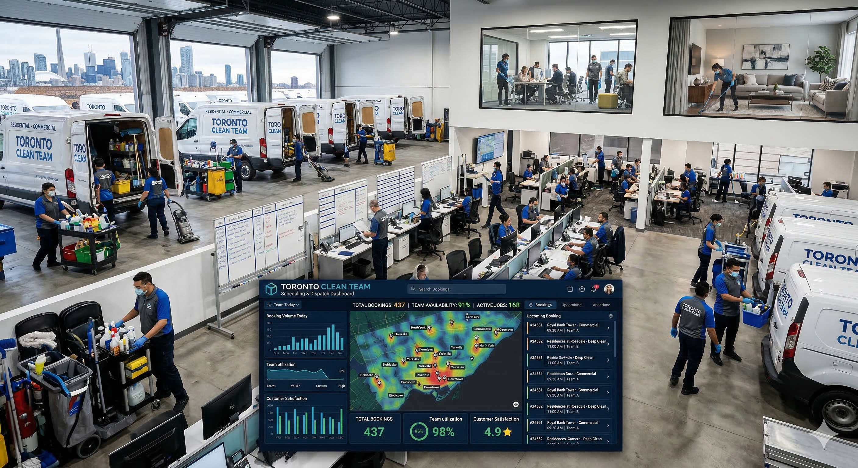 cleaning service team handling high volume of bookings during peak demand with AI scheduling support