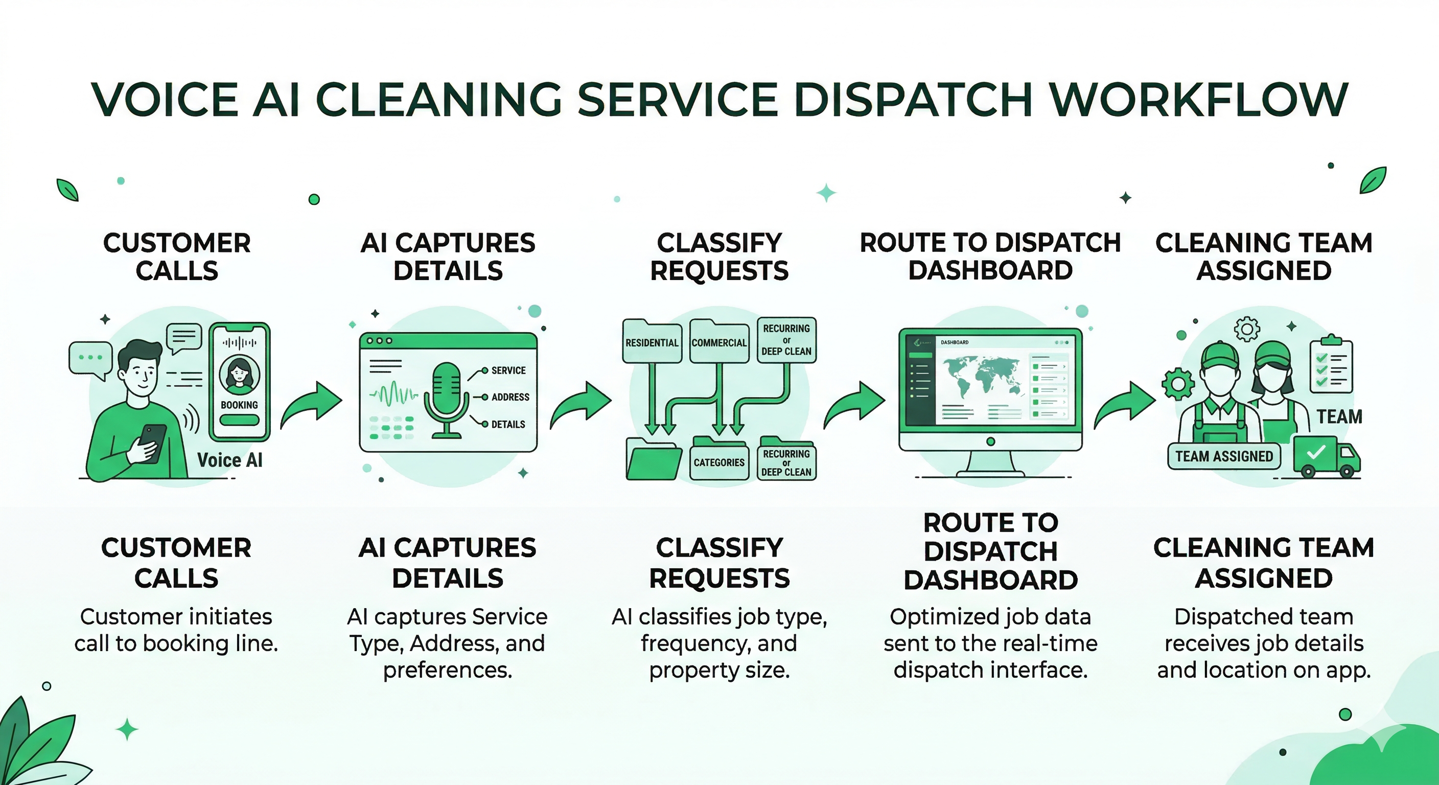 Voice AI cleaning service dispatch workflow showing booking intake service classification and team assignment