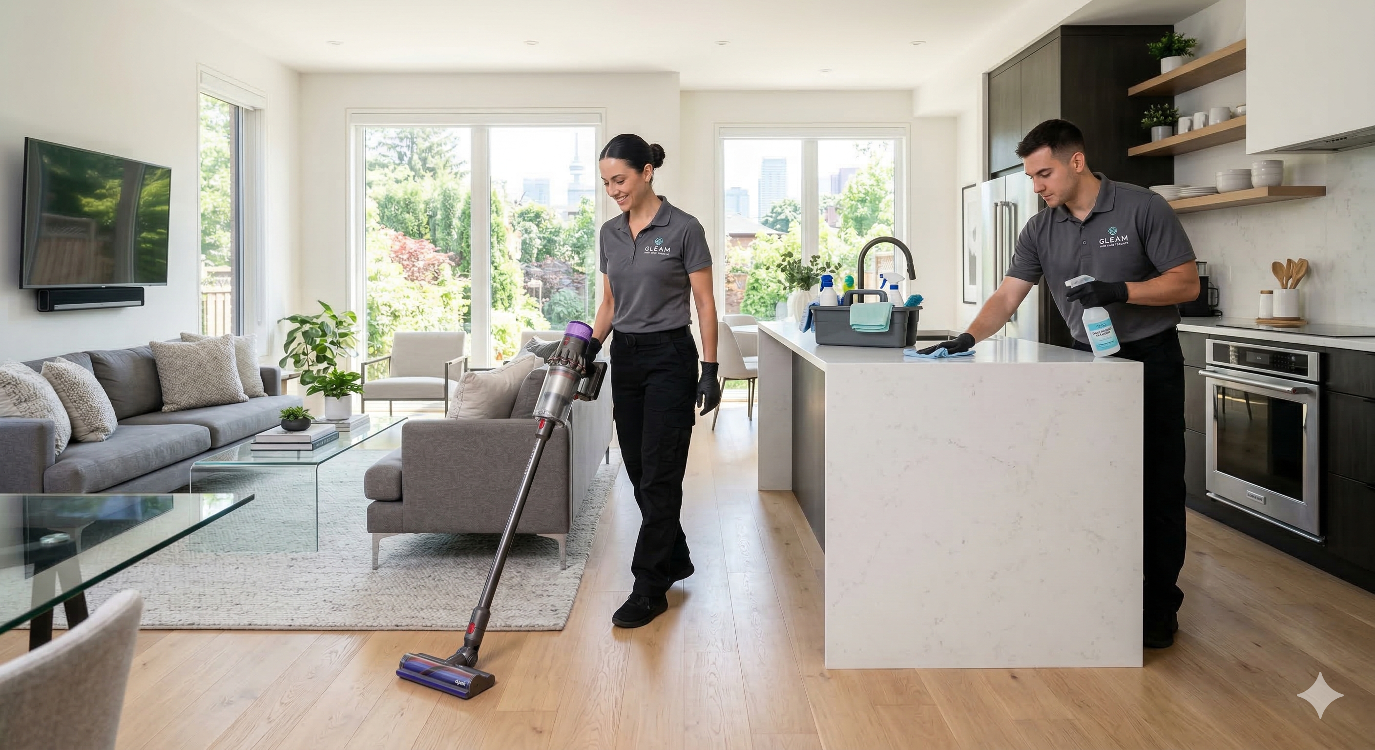 professional cleaning team working in residential home while phone-based booking requests are handled by AI system