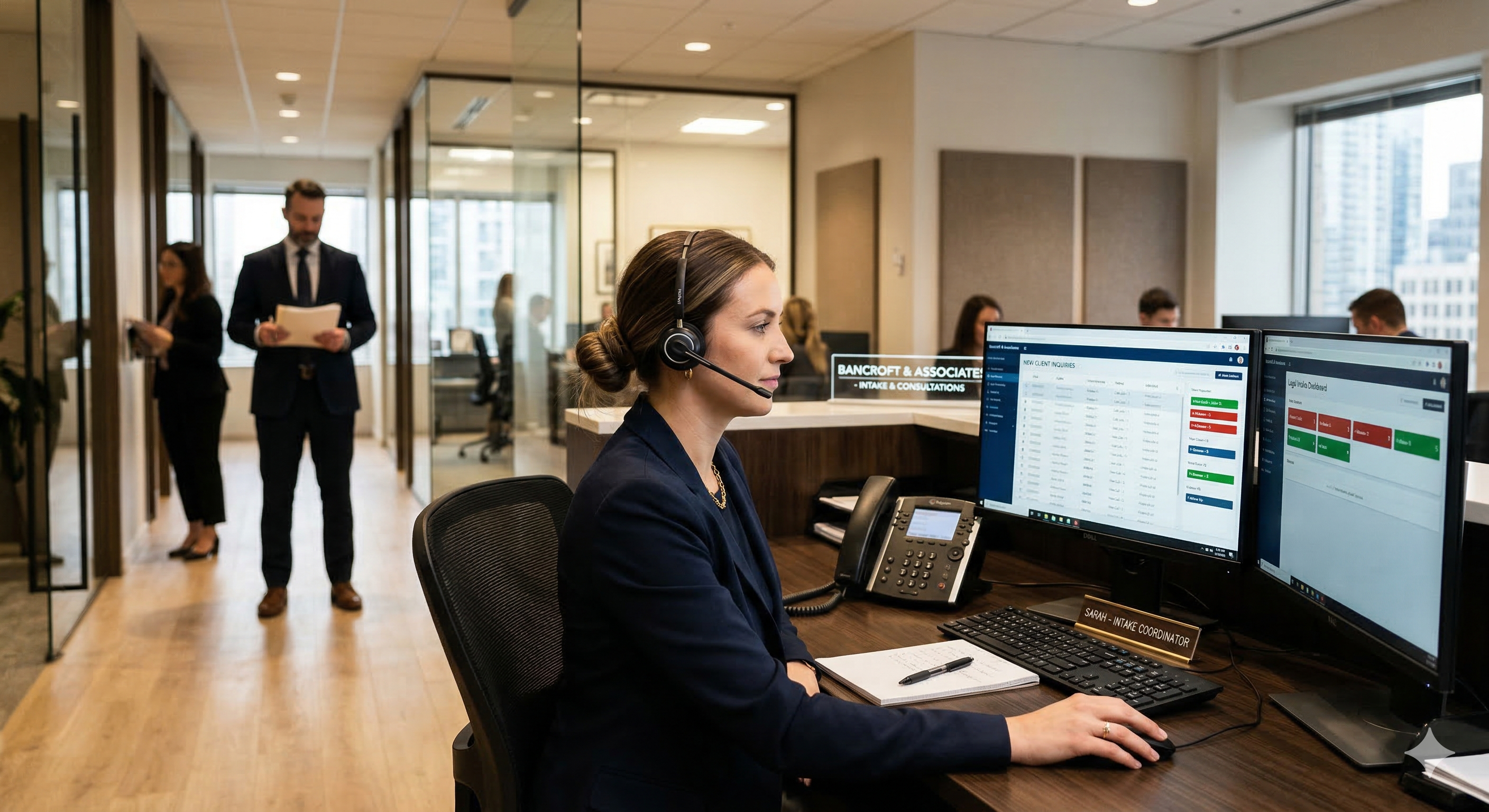 Legal office team reviewing inbound client calls and consultation requests in a professional office setting