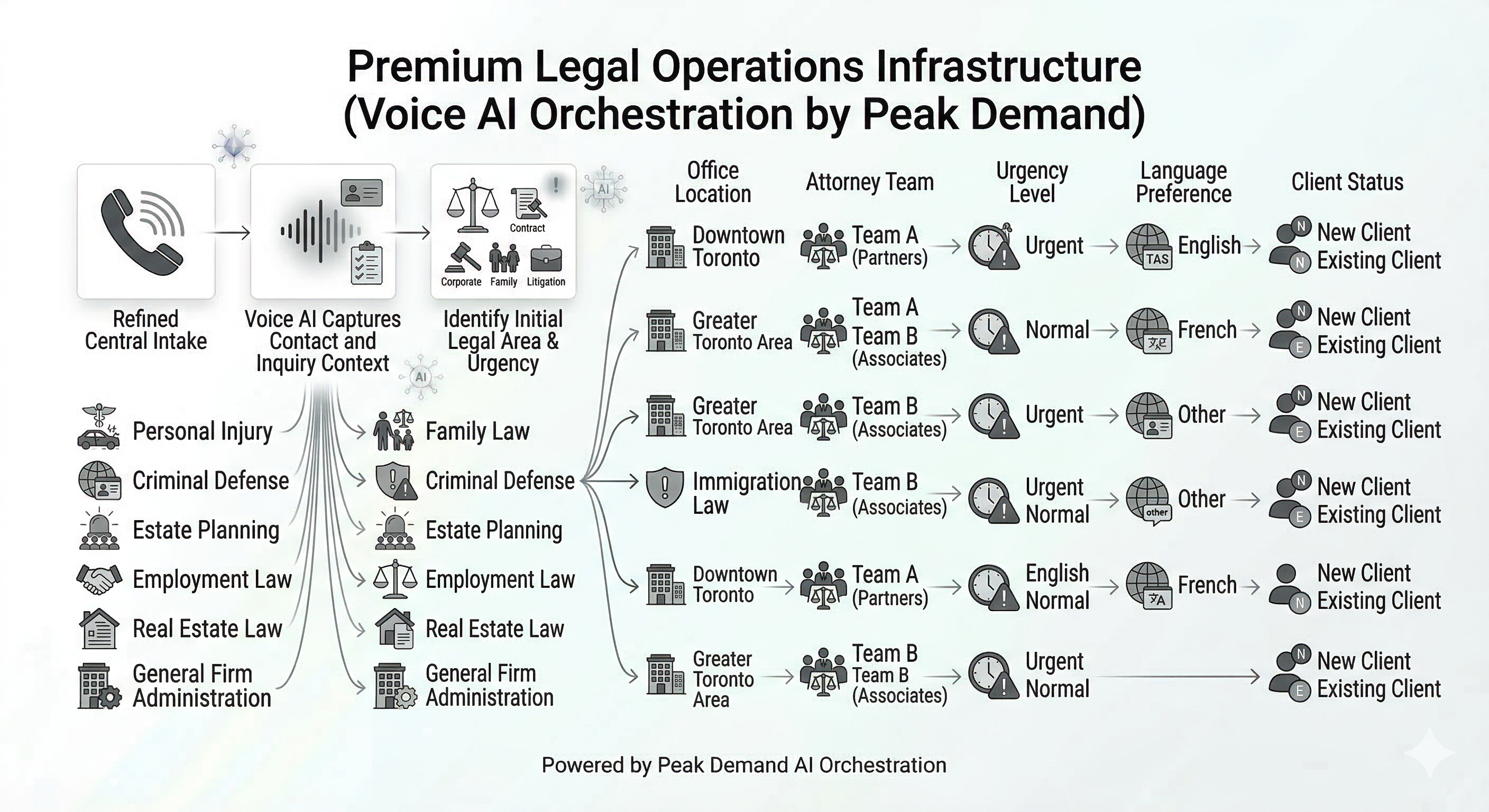 Voice AI routing and staff coordination workflow for law firms supporting practice-area intake and structured handoffs