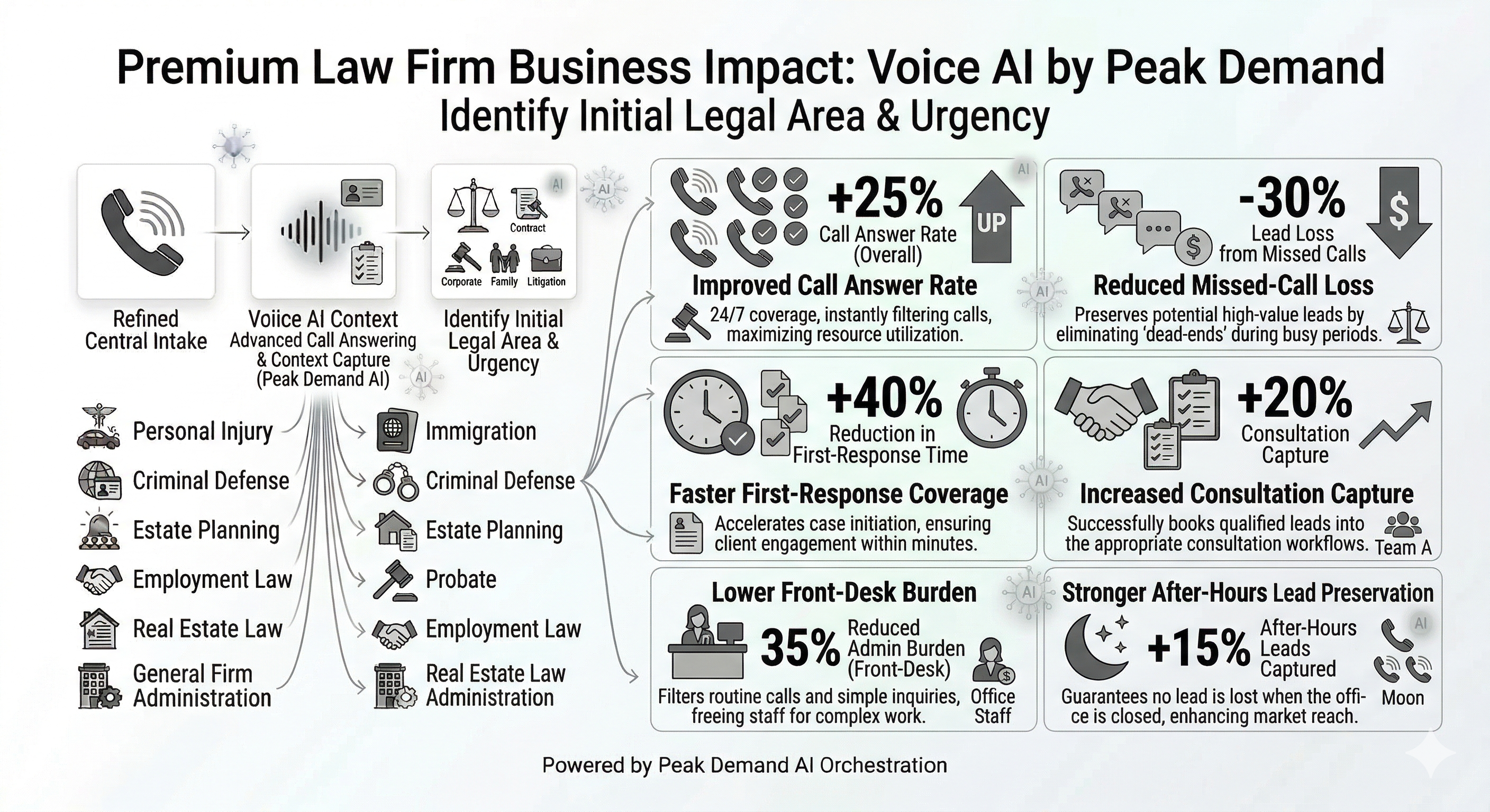 Voice AI business impact for law firms showing improved call coverage intake continuity and consultation workflow support