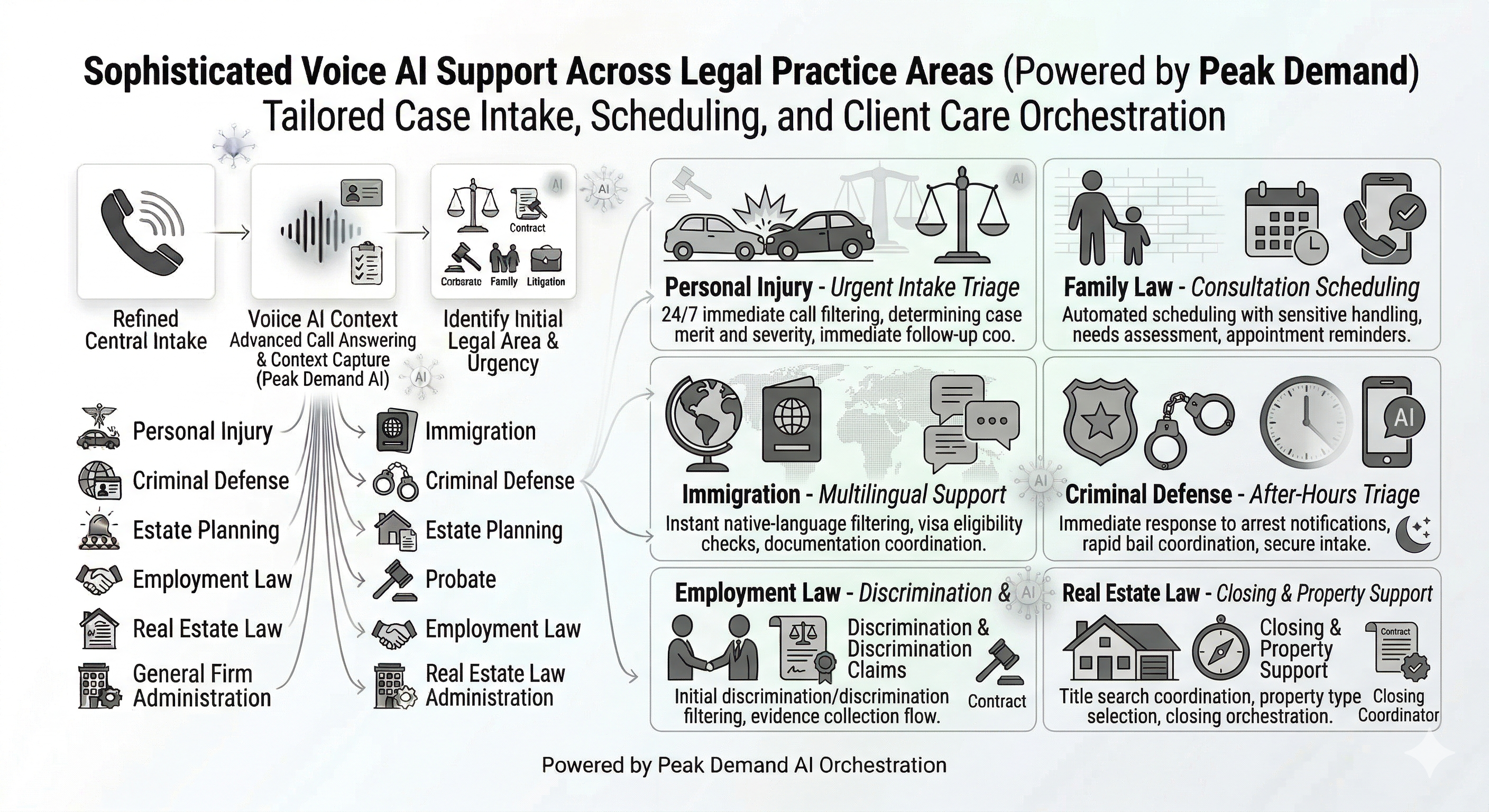 Voice AI practice-area workflow support for law firms across multiple legal intake paths
