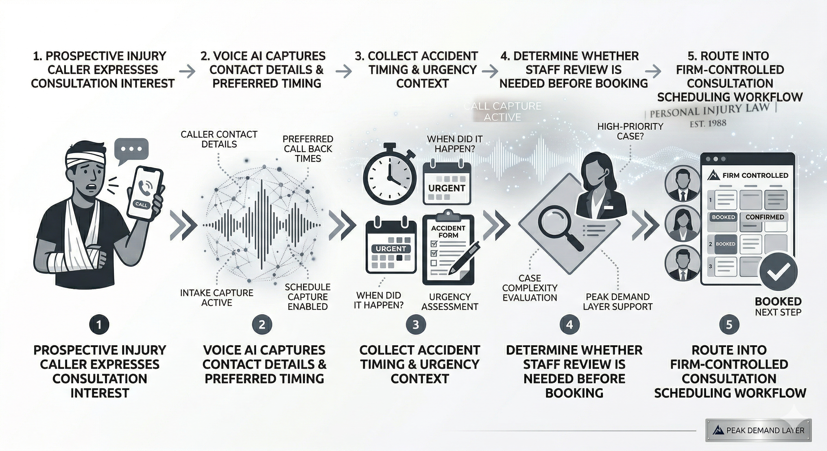 Voice AI consultation scheduling support for personal injury law firms preserving urgent inquiry momentum and staff follow-up