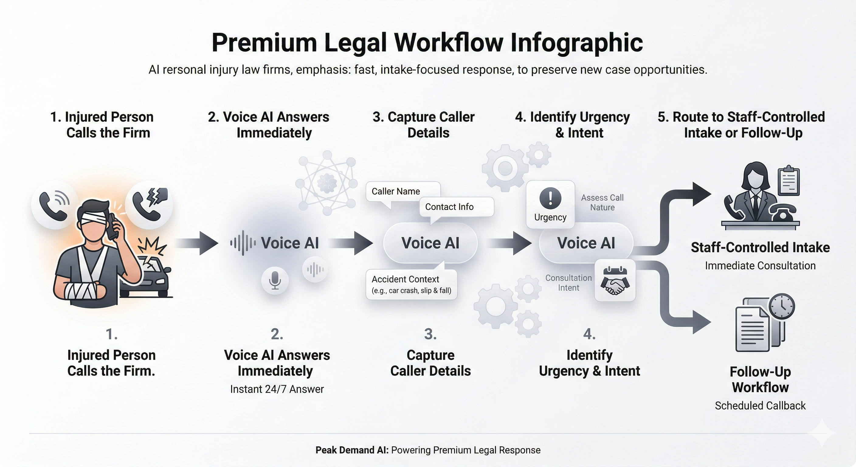 Voice AI receptionist support for personal injury law firms handling urgent new case inquiries and intake capture