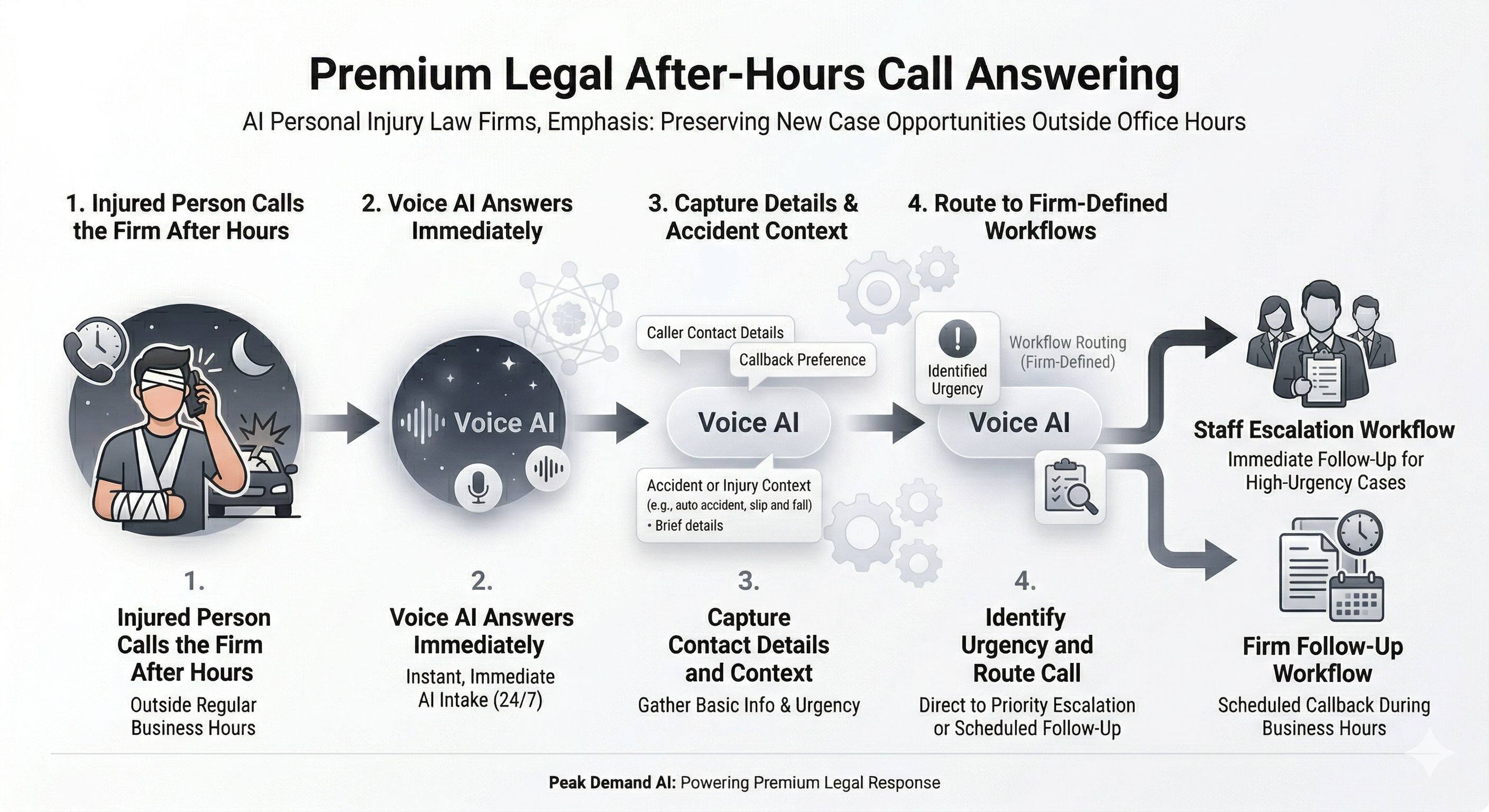 Voice AI after-hours intake support for personal injury law firms capturing urgent new case inquiries and callback details
