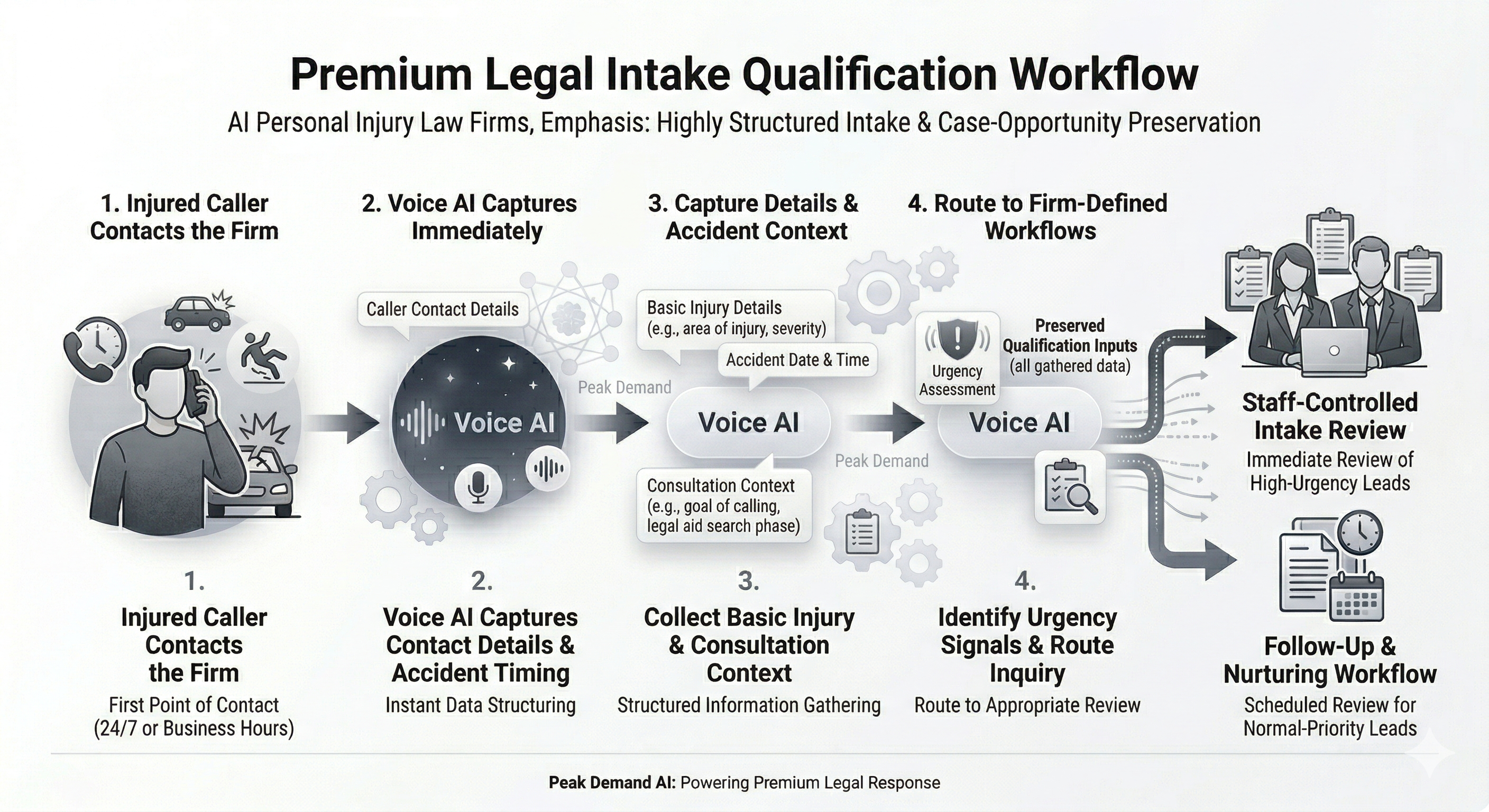 Voice AI personal injury intake and qualification workflow capturing urgent inquiry details for staff review